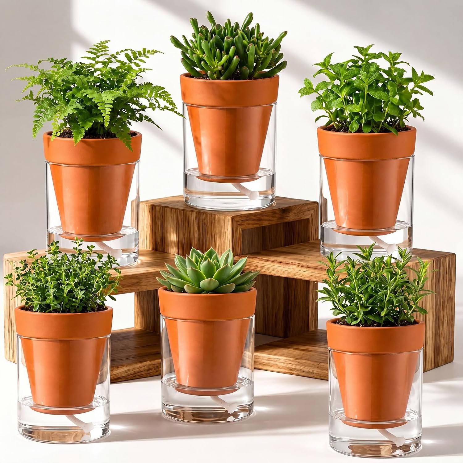 6 Pcs 4 Inch Self Watering Pot for Indoor Plants, Terracotta Planter with Cylinder Glass Vase for Indoor/Outdoor Plants, Herbs, Flowers