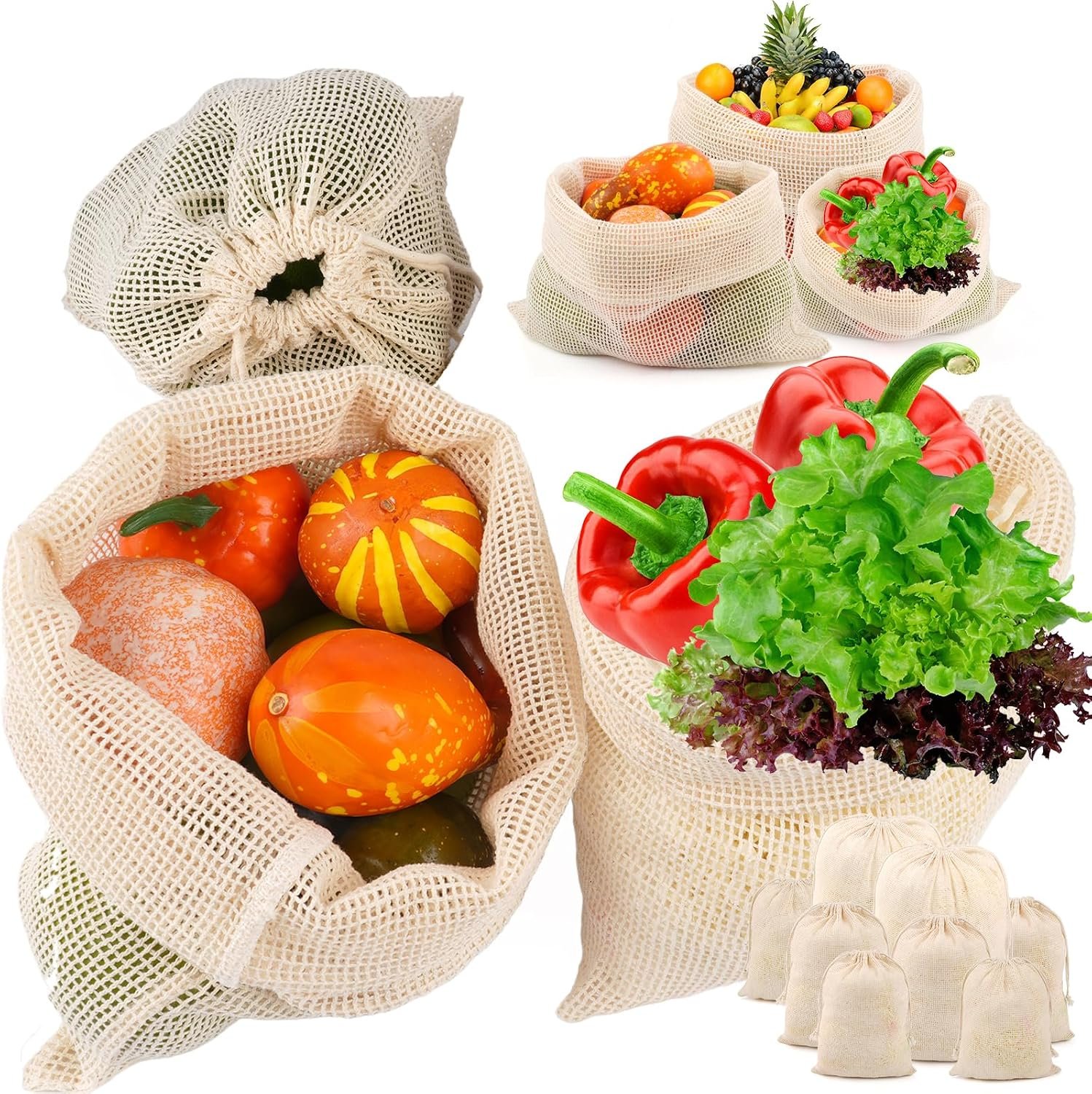 8 Pack Reusable Produce Bags, Mesh Produce Bags, Mesh Bags For Vegetables