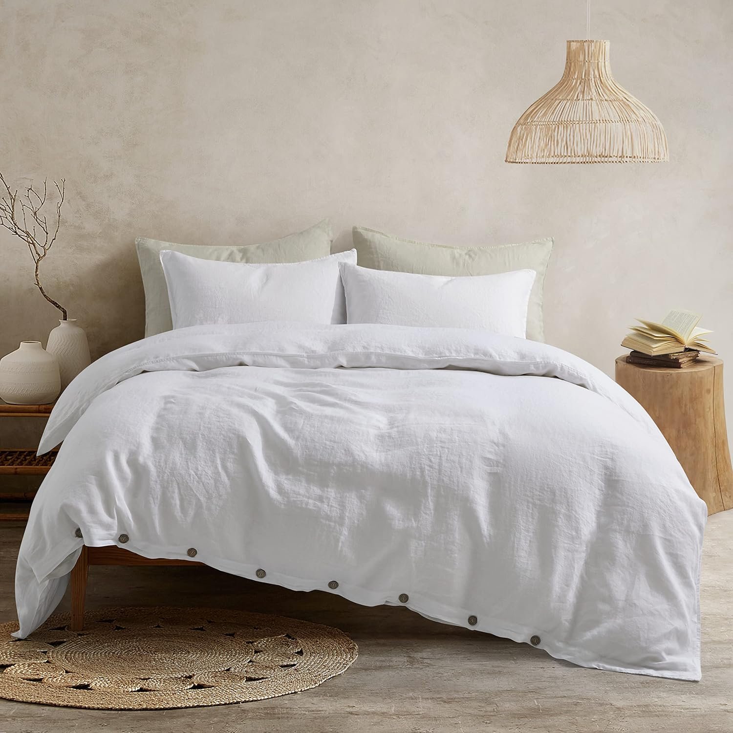 ATLINIA 100% Flax Linen Duvet Cover Set – Stone Washed Pure French Linen Organic Fabric for Farmhouse Comforter Boho Bedding Included 1 Duvet Cover 2 Pillow Shams(White, Queen)