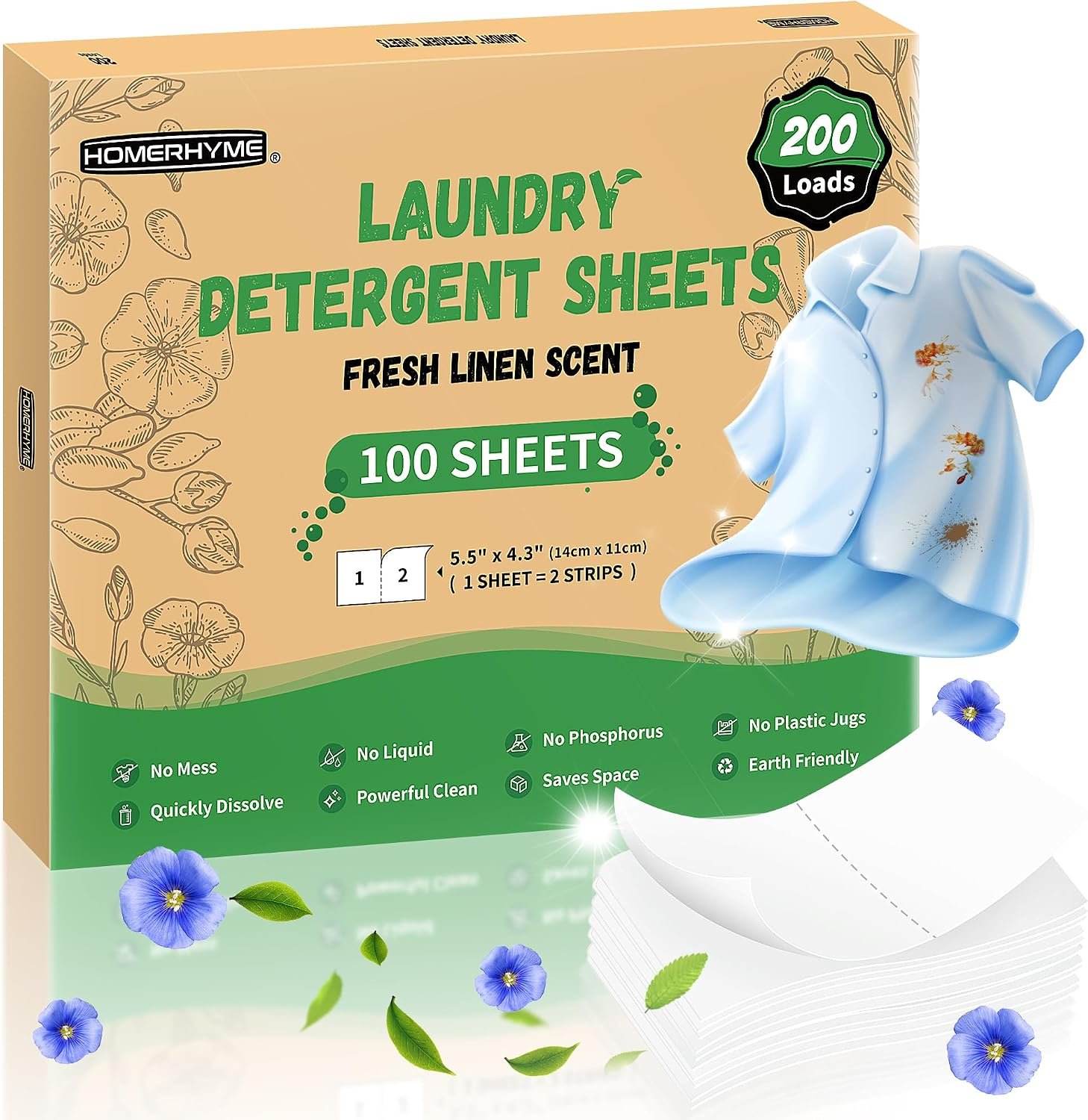 Laundry Detergent Sheets – Fresh Linen Scent, 200 Loads (100 Sheets), Plastic Free Laundry Sheets for Travel, Dorms, Home, Apartments, Eco & Hypoallergenic