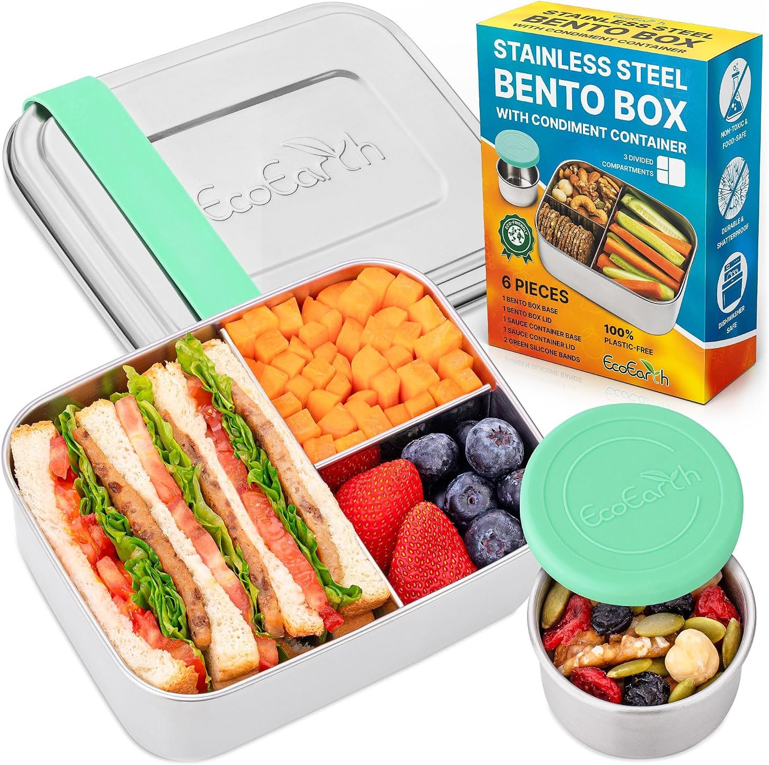 Stainless Steel Bento Box w/ Silicone Strap & Condiment Cup, 27 oz, Green