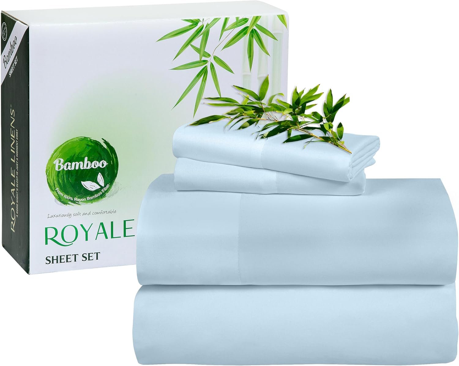 Royale Linen Bamboo Viscose King Sheet Set – Cooling Bed Sheet Set – 1 Fitted, 1 Flat & 2 Pillowcase – Fits Up to 16″ – Organic Viscose Derived from Bamboo – Bedding Sheet & Pillowcase (King,LakeBlue)