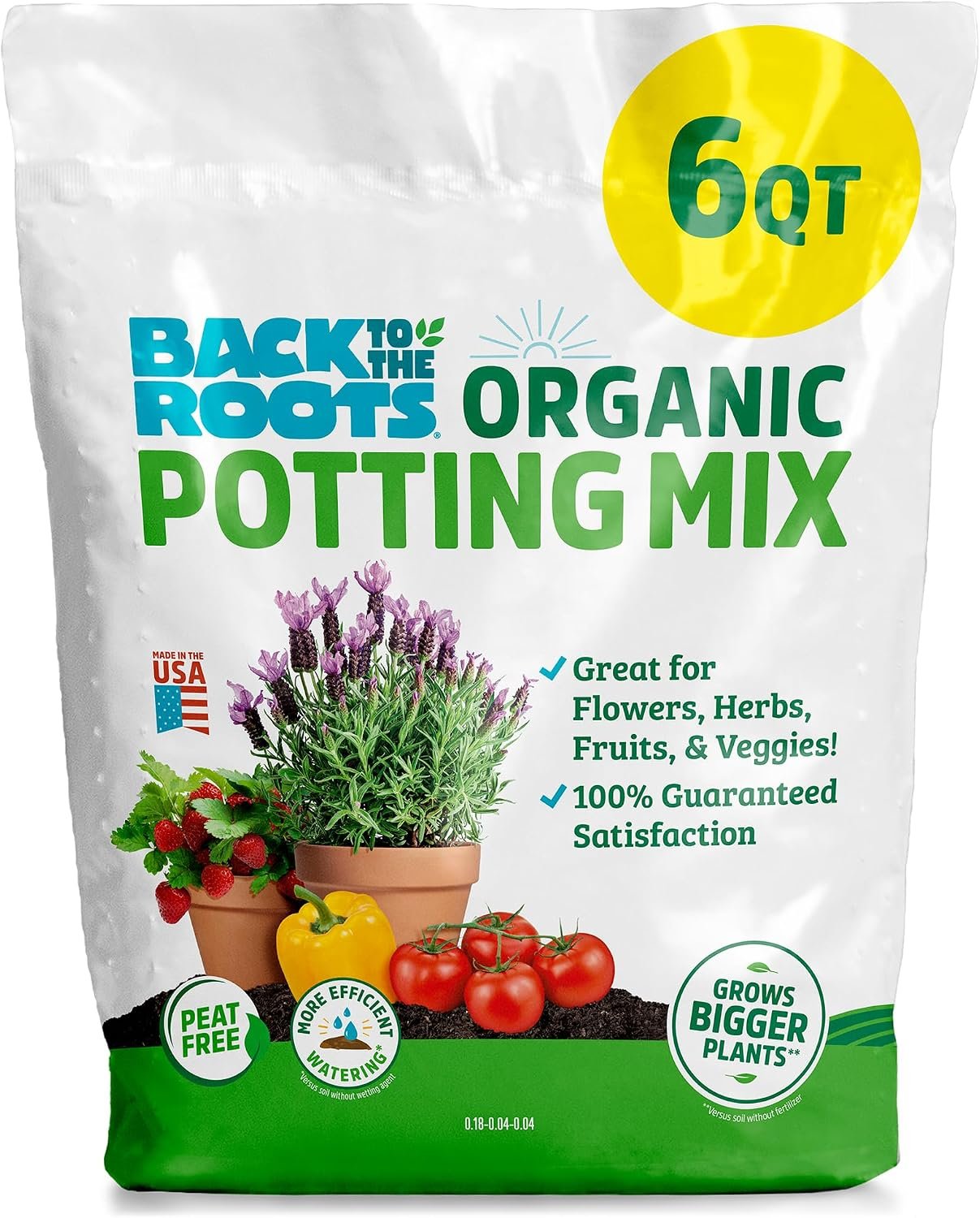 Back to the Roots 100% Organic Potting Mix (6 Quart) Premium Blend Made in The USA