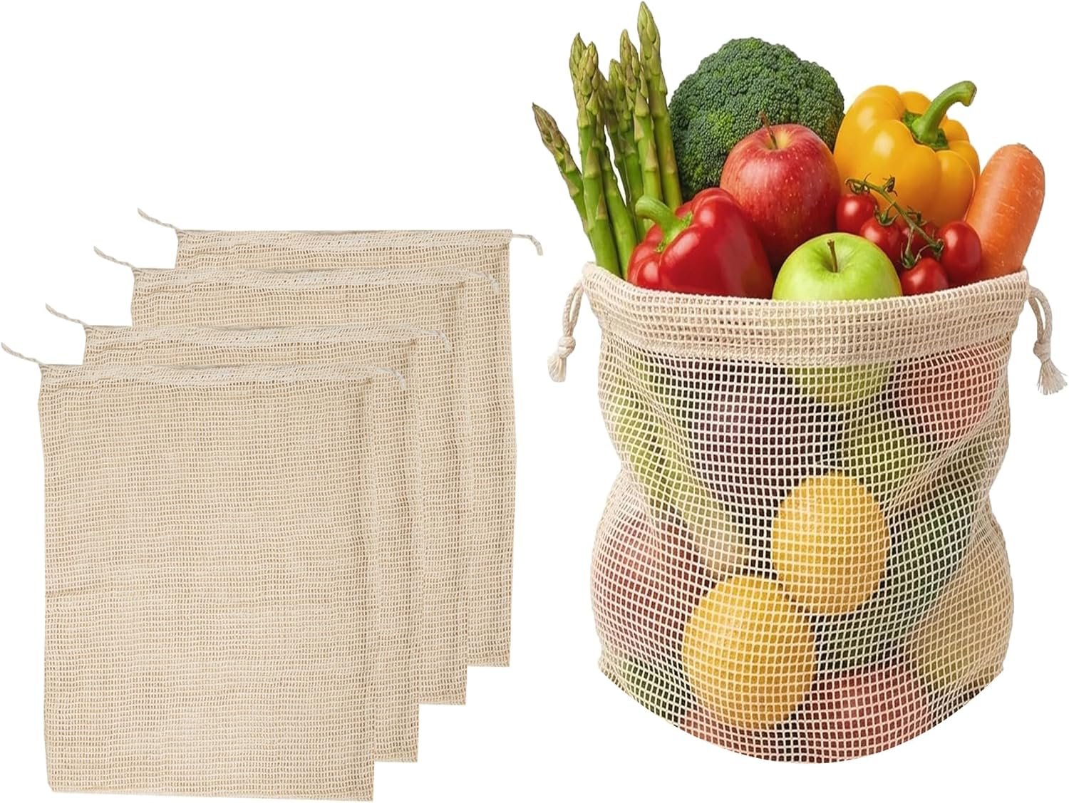 Reusable Cotton Mesh Bags Organic Cotton, Washable & Durable Grocery Bags with Drawstring Mesh Storage Bags for Fruits, Vegetables & Shopping (3 Large (12 in x 15 in))