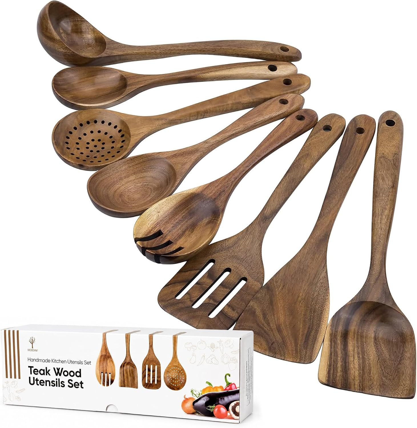 Premium 8-Piece Teak Wood Cooking Utensil Set – Heat Resistant, Lightweight & Sturdy Wooden Spoons for Non-Stick Cookware – Ideal for Cooking, Stirring & Serving