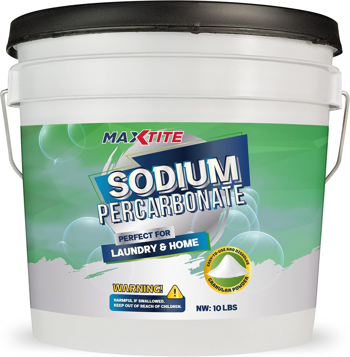 MAXTITE Sodium Percarbonate (10 lbs) – 100% Pure – Solid Hydrogen Peroxide/Oxygen Bleach – Multi-Use Cleaner for Home & Laundry – HDPE container w/Resealable Child Resistant Cap