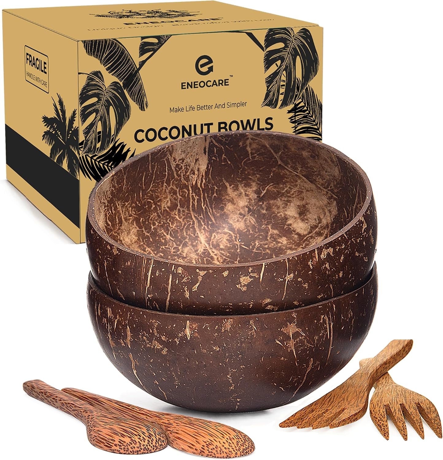 Natural Coconut Bowls with Spoons and Forks | Eco-friendly Vegan Organic Non-toxic Reusable Smoothie Buddha Acai Bowl for Kitchen, Dining and Decoration (Set of 2)