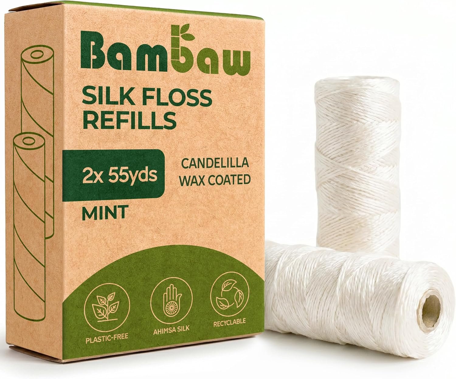 Refill Silk Dental Floss | Candelilla Wax Tooth Floss | Natural Dental Tape | Plastic Free Dental Floss | Eco Floss | Stainless Steel | Zero Waste Floss | Silk Floss | Mint | 2 x 55 Yards | Bambaw