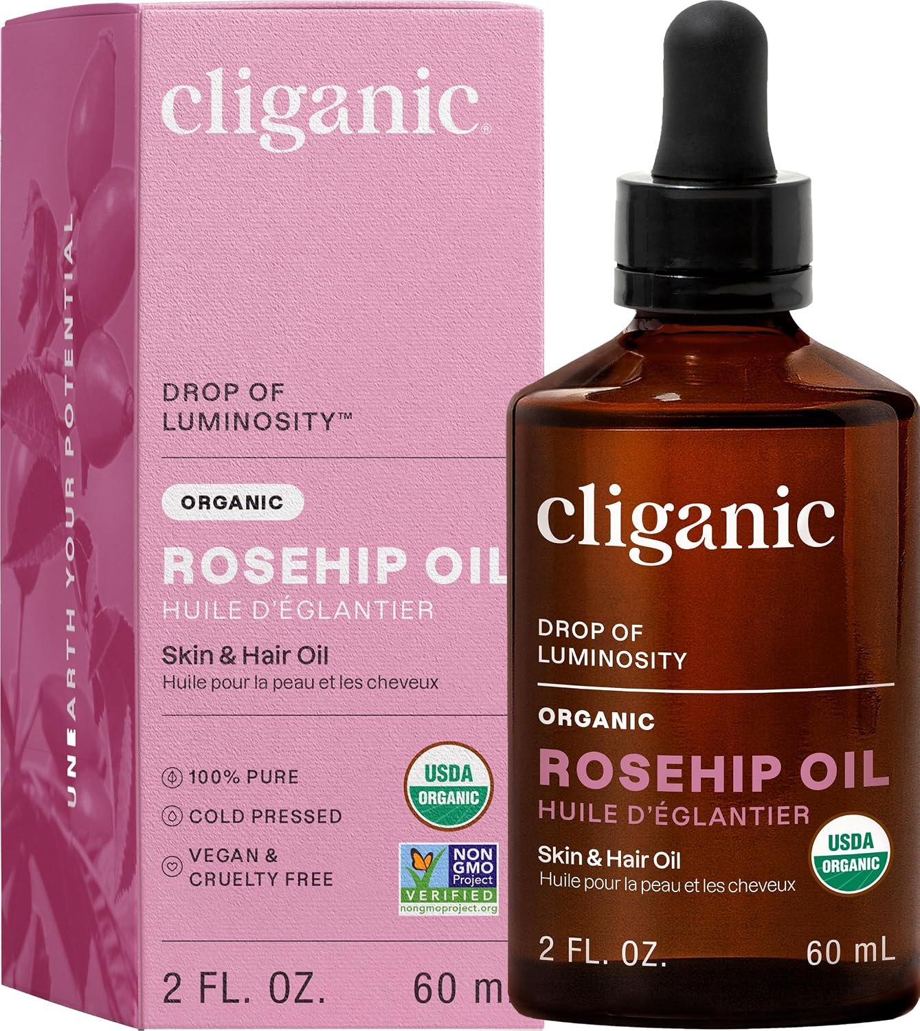 Cliganic Organic Rosehip Seed Oil for Face, 100% Natural Cold Pressed, 2oz