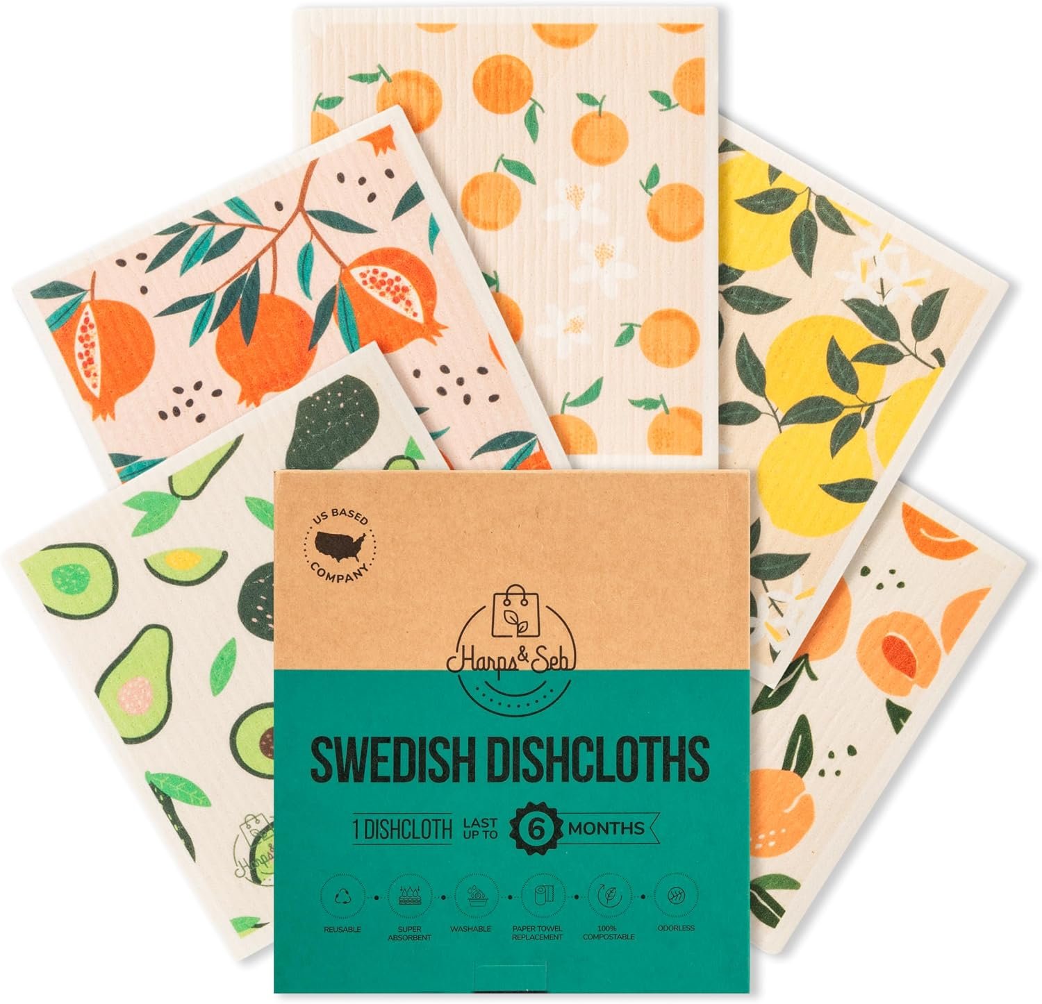 Harps&Seb Swedish Dishcloths for Kitchen Dish Towels – 5 Pack, Non-Scratch Reusable Paper Towels, Super Absorbent Washable Swedish Dish Cloths, No Odor, Biodegradable, Fruit Design
