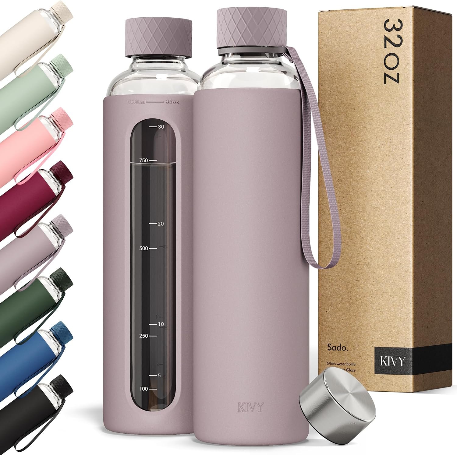 KIVY Glass Water Bottle with Silicone Sleeve 32 oz – with Measurement