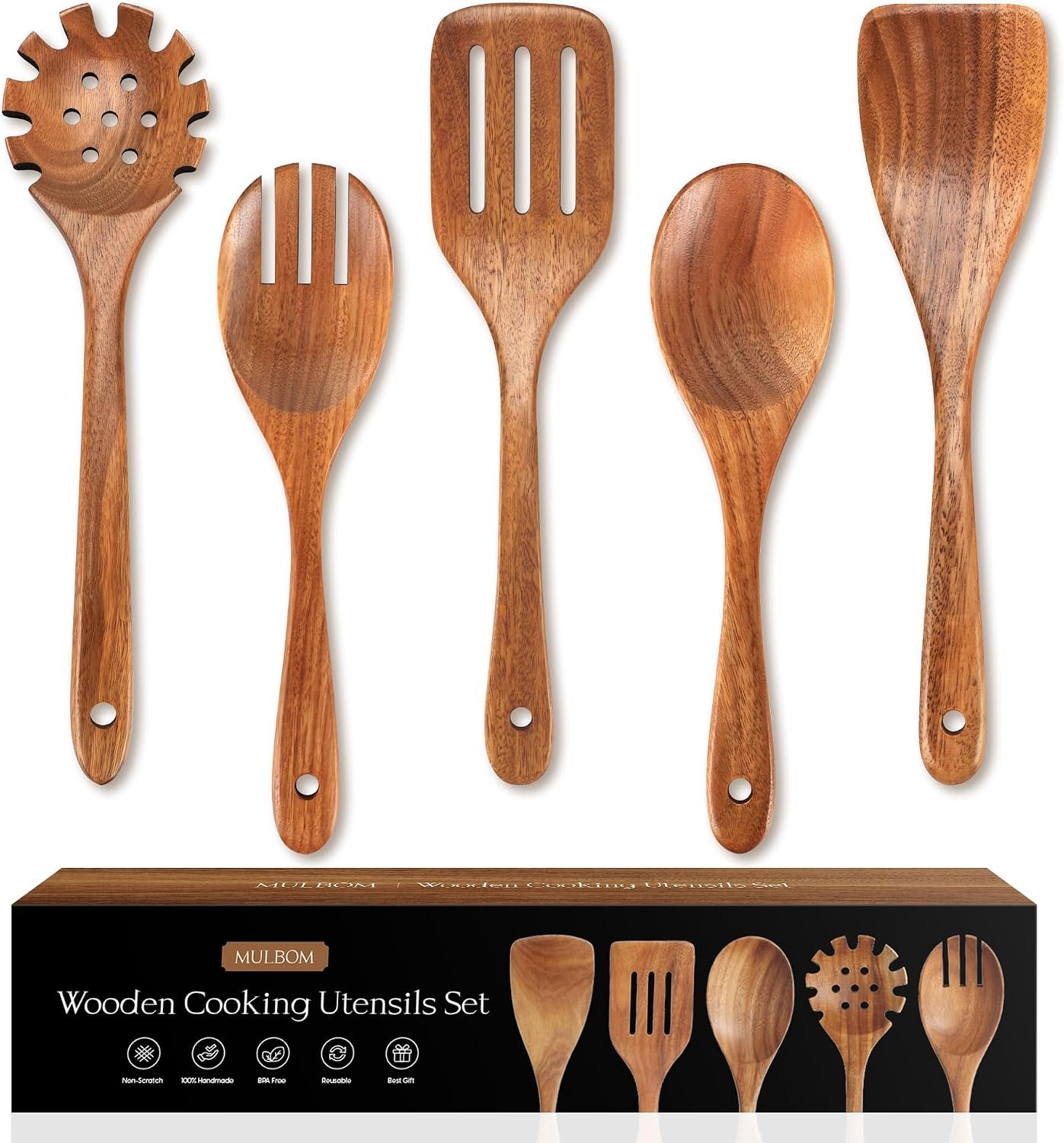 5 Pcs Natural Teak Wooden Spoons for Cooking, Non Toxic Wooden Utensil Set