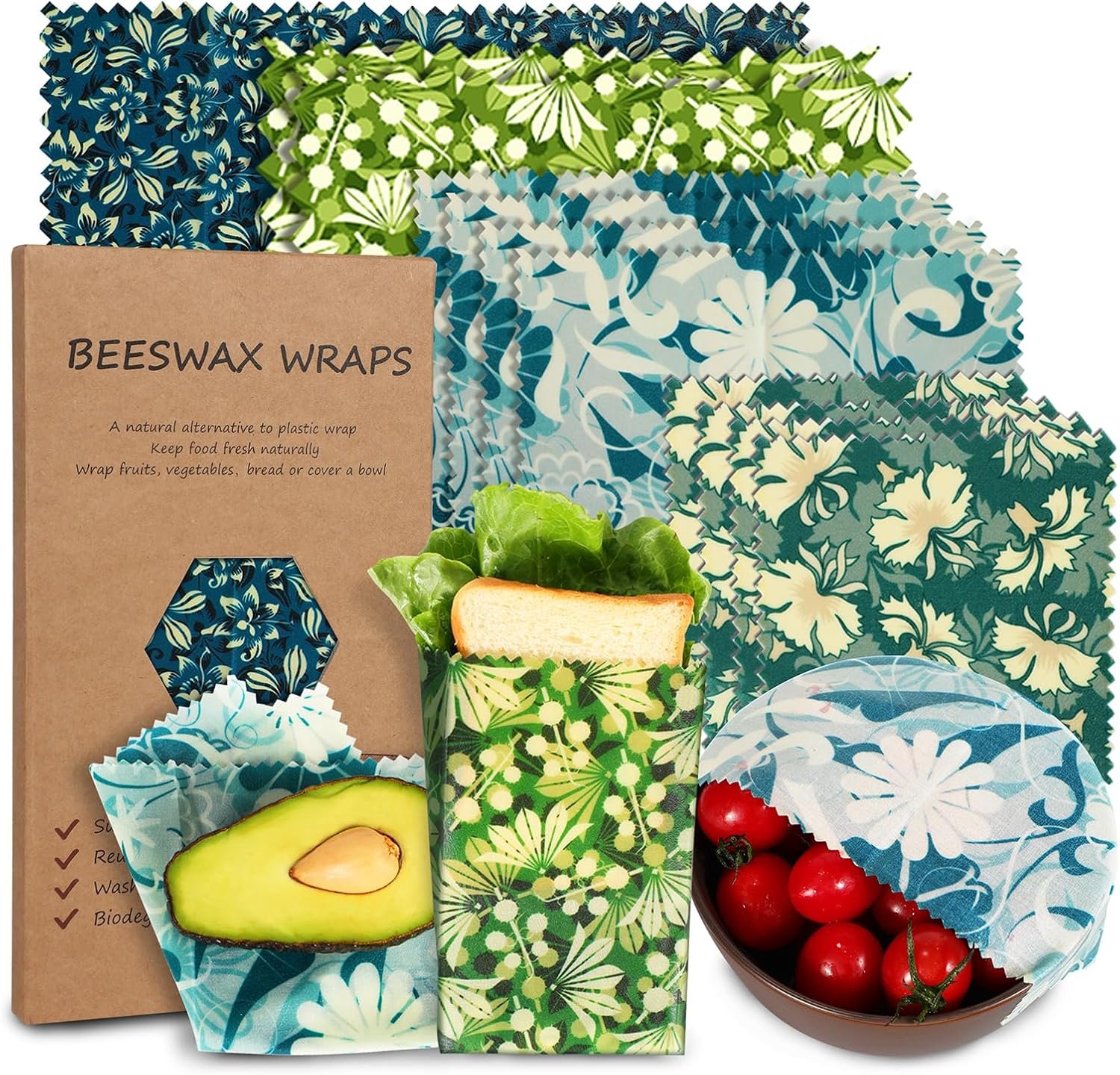 Reusable Beeswax Wrap, 11 Pack Eco-Friendly Beeswax Wraps For Food, Organic, Sustainable, Biodegradable, Zero Waste, Plastic-Free Food Storage (Flowers and Leaves)