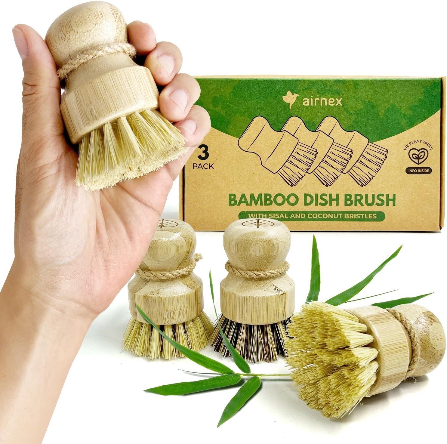 AIRNEX Bamboo Dish Brush Set of 3 – Natural Wooden Dish Scrubber w/Medium Stiff Sisal & Coconut Bristles – Kitchen Scrub Brush for Dishes, Pots & Pans – Plastic Free, Non Scratch Bristles