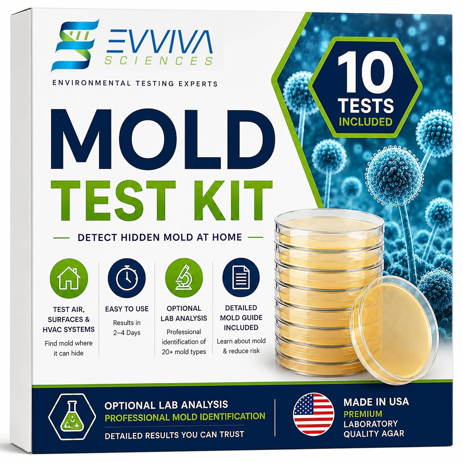Mold Test Kit for Home by Evviva Sciences – Black Mold Test Kit w/Optional Lab Analysis (Extra Fee) – Mold Air Test Kit – 10 Easy Detection Tests for Indoor Air, HVAC & Surfaces – DIY Mold Detector