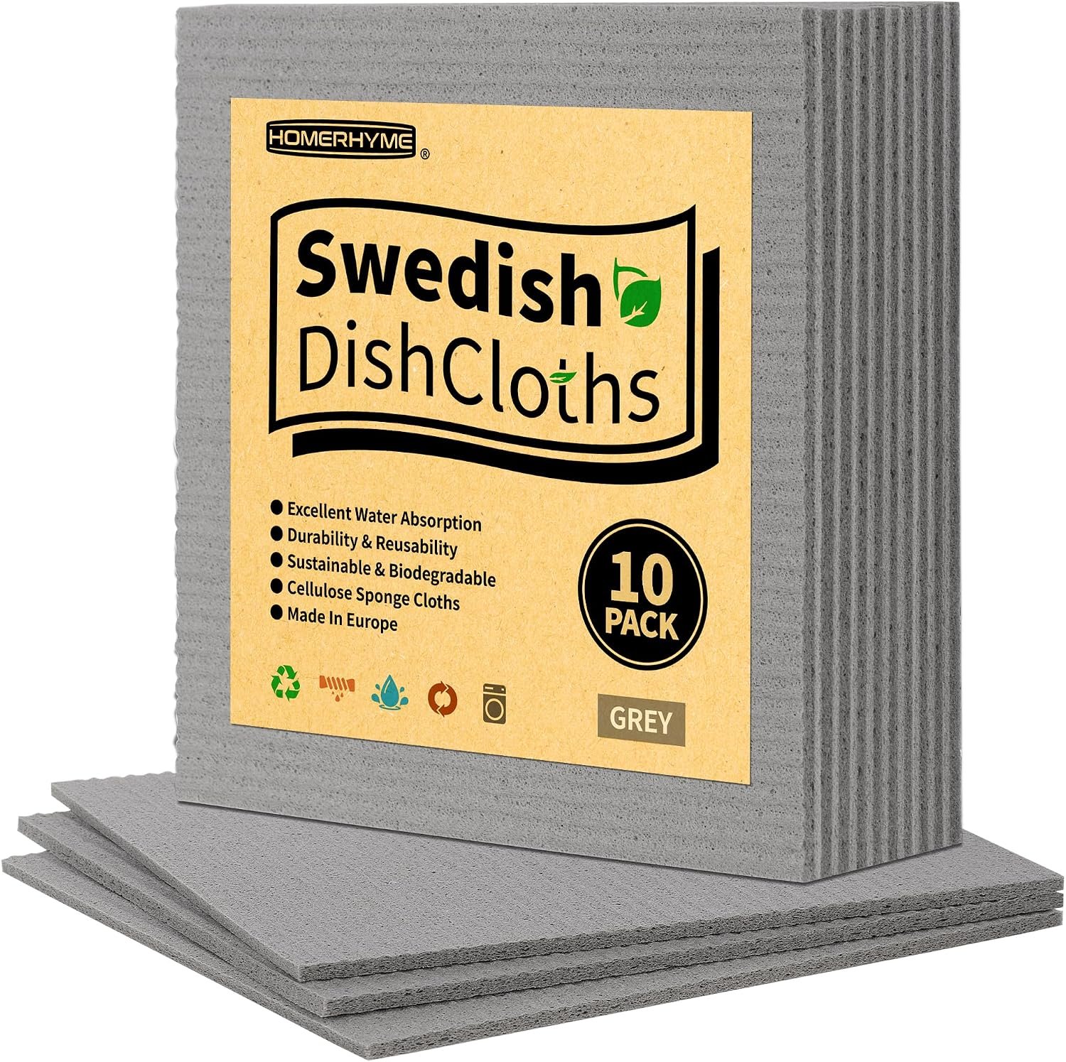 Swedish Dishcloths, 10 Pack Absorbent Dish Towels for Kitchen, Multipurpose Cellulose Sponge Cloths, Reusable Washable Towels for Home & Kitchen, Grey