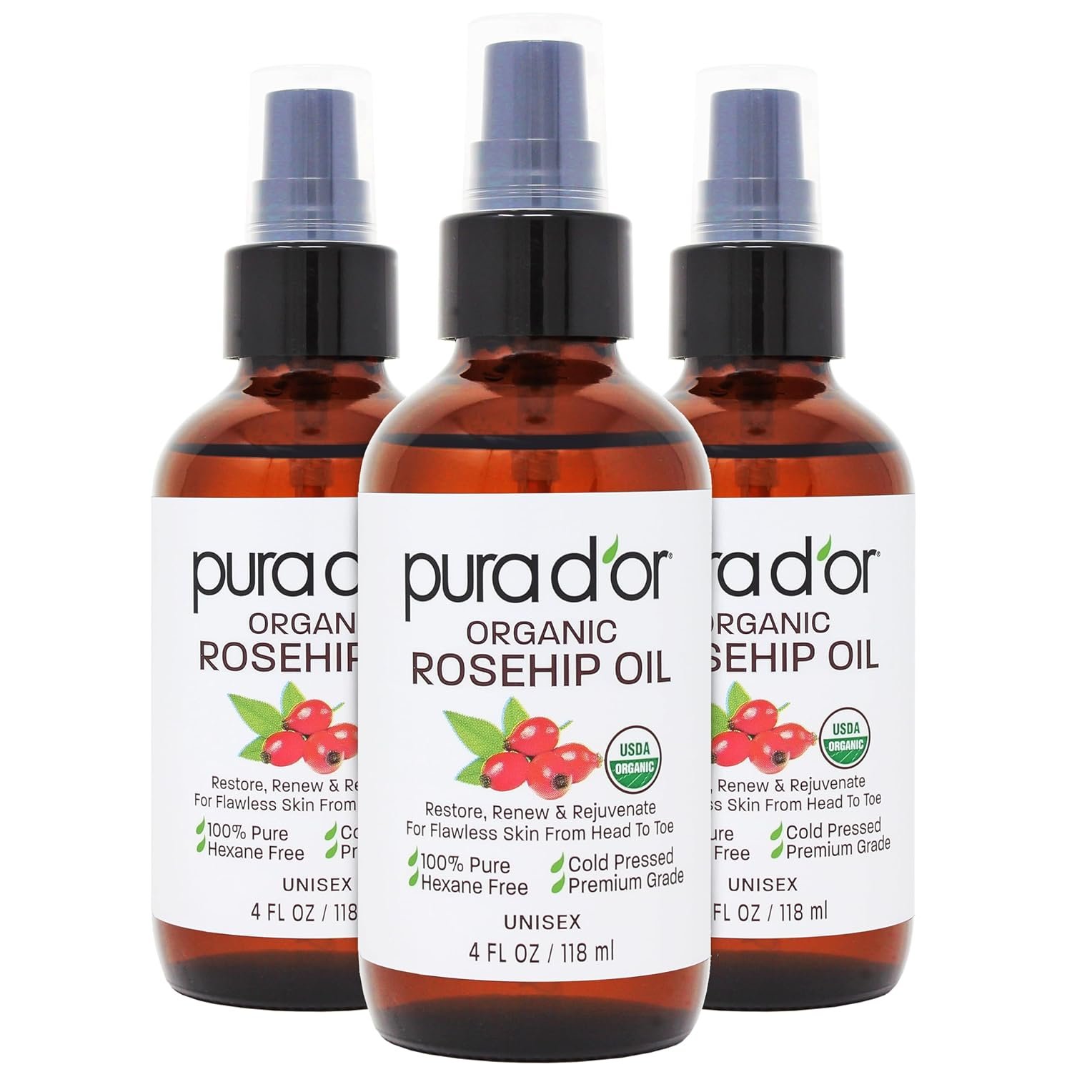 PURA D’OR ORGANIC Rosehip Seed Oil Hair Relaxer (4 Oz x3 = 12 Oz) 100% Pure Cold Pressed USDA Certified All Natural Anti-Aging, Scar Treatment, Gua Sha Massage, Face, Hair & Skin – Women & Men
