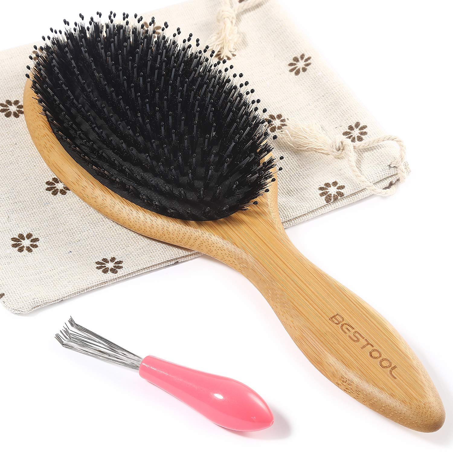 BESTOOL Hair Brush-Boar Bristle Hair Brushes Natural Bamboo Wooden Cushion Massage Anti Static Large Paddle Hairbrush for Women Men and Kid (Round)