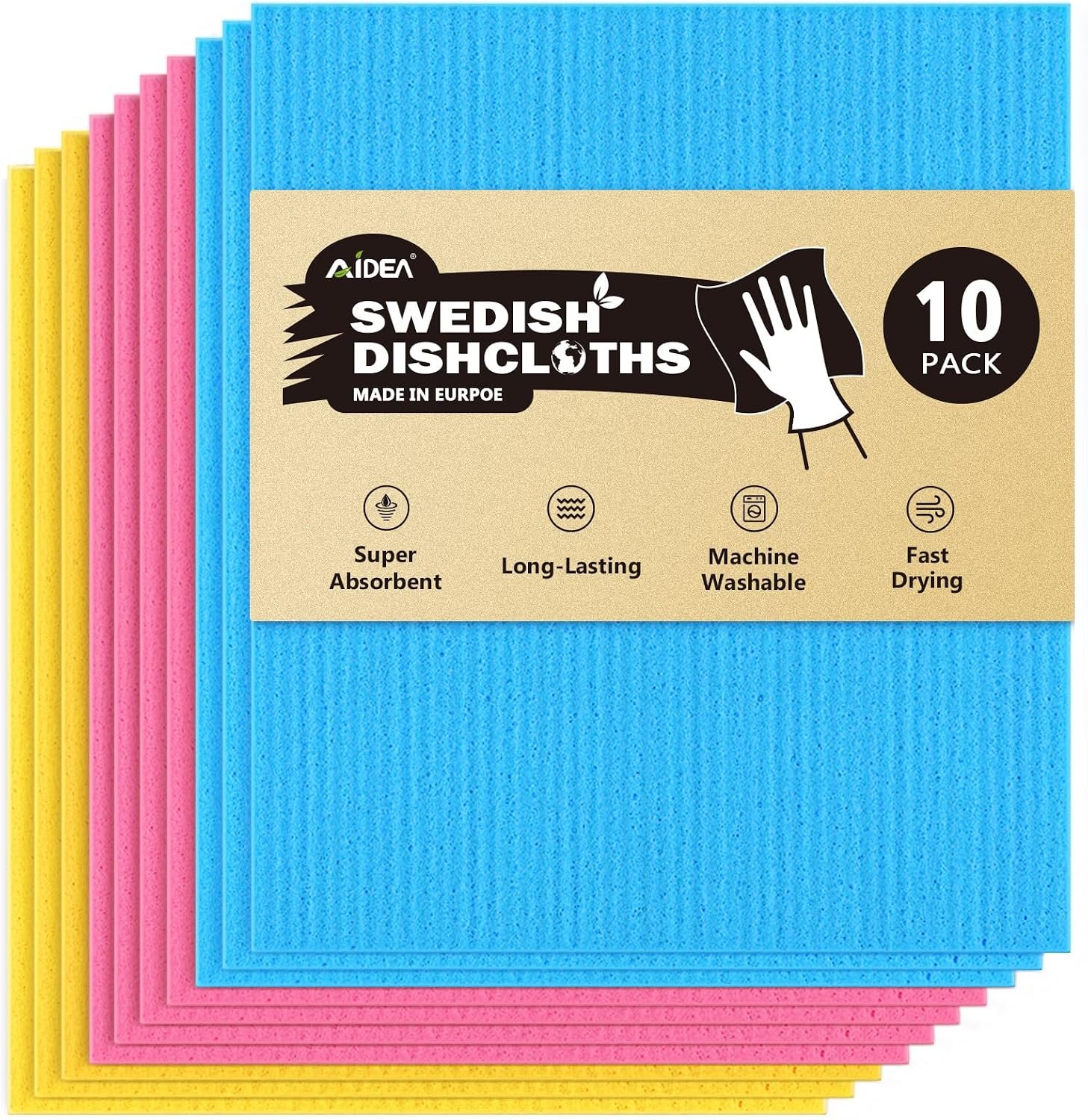 AIDEA Swedish Dishcloths for Kitchen 10PK, Reusable Paper Towels 7″x6″