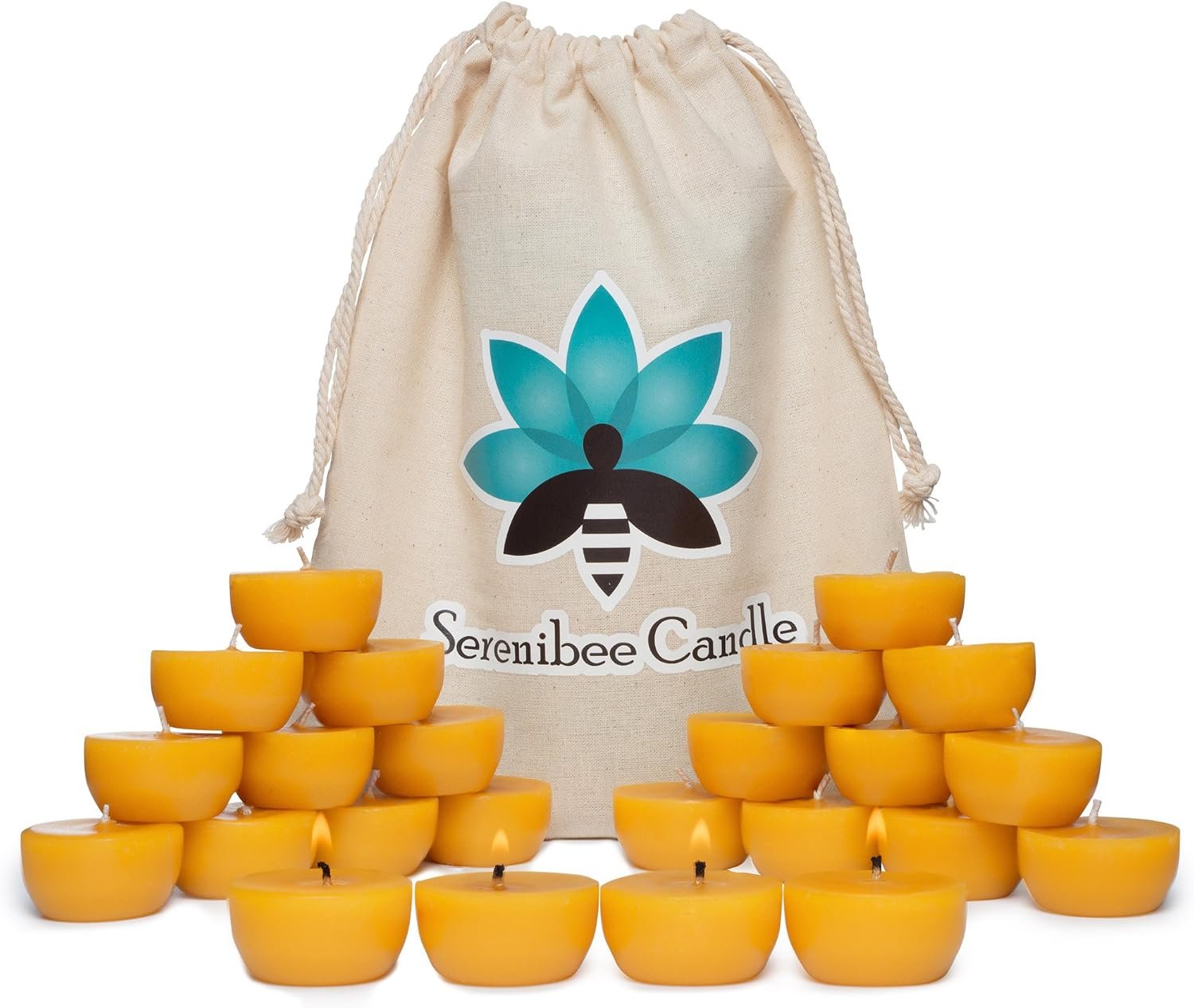 100% Pure Beeswax Tea Light Candles with Two Custom Reusable Glass Candle Holders and Reusable Cotton Bag Eco Friendly Gift Set(24)