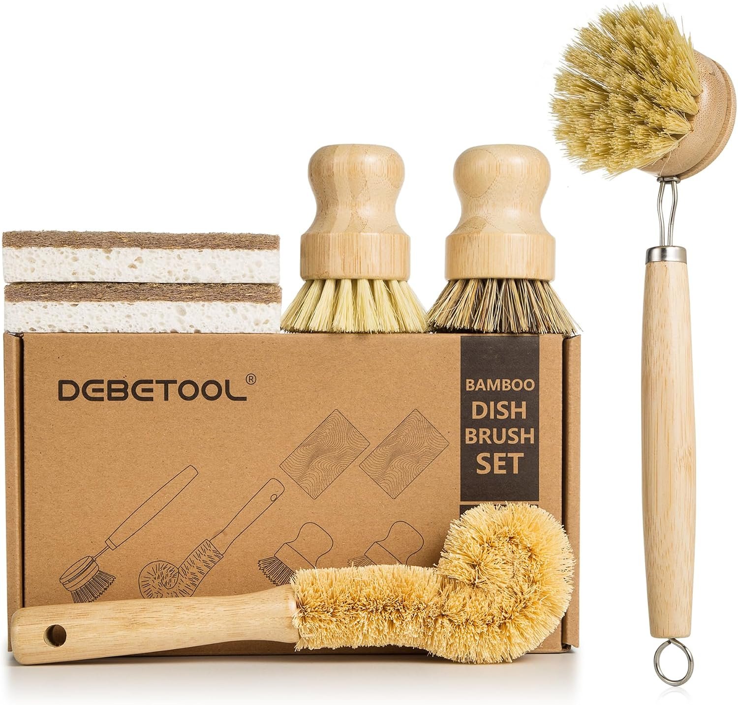 DEBETOOL 6-Piece Bamboo Dish Brush Set with Coconut Sponge