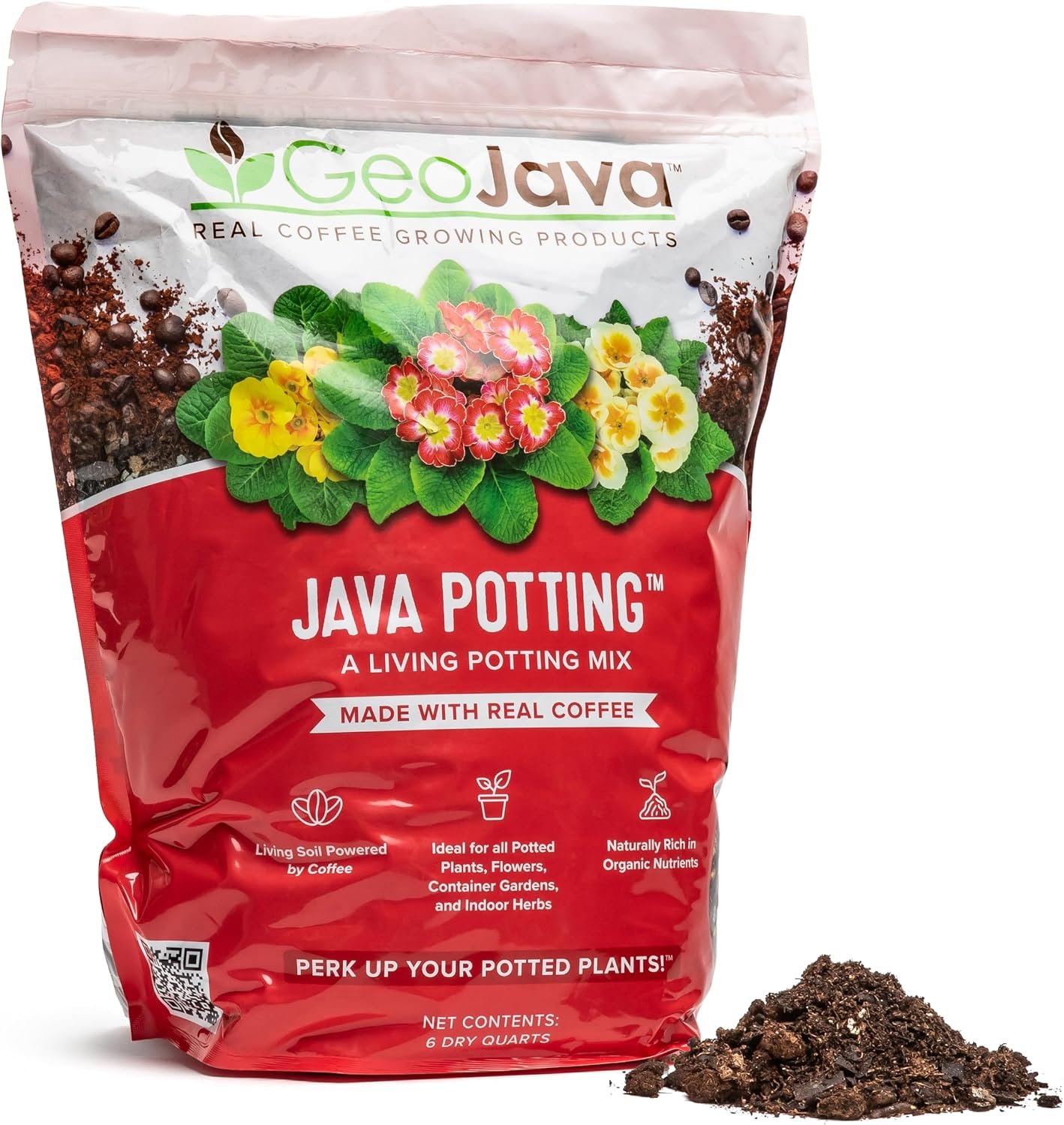 Java Potting Soil: A Well Draining, Coffee‑Infused Living Indoor Mix Ready to Grow. for All Monstera, Calathea, Fiddle Leaf Fig, ZZ, Snake, Spider and Pothos Plants; with Chunky Vermiculite. 6 (QT)