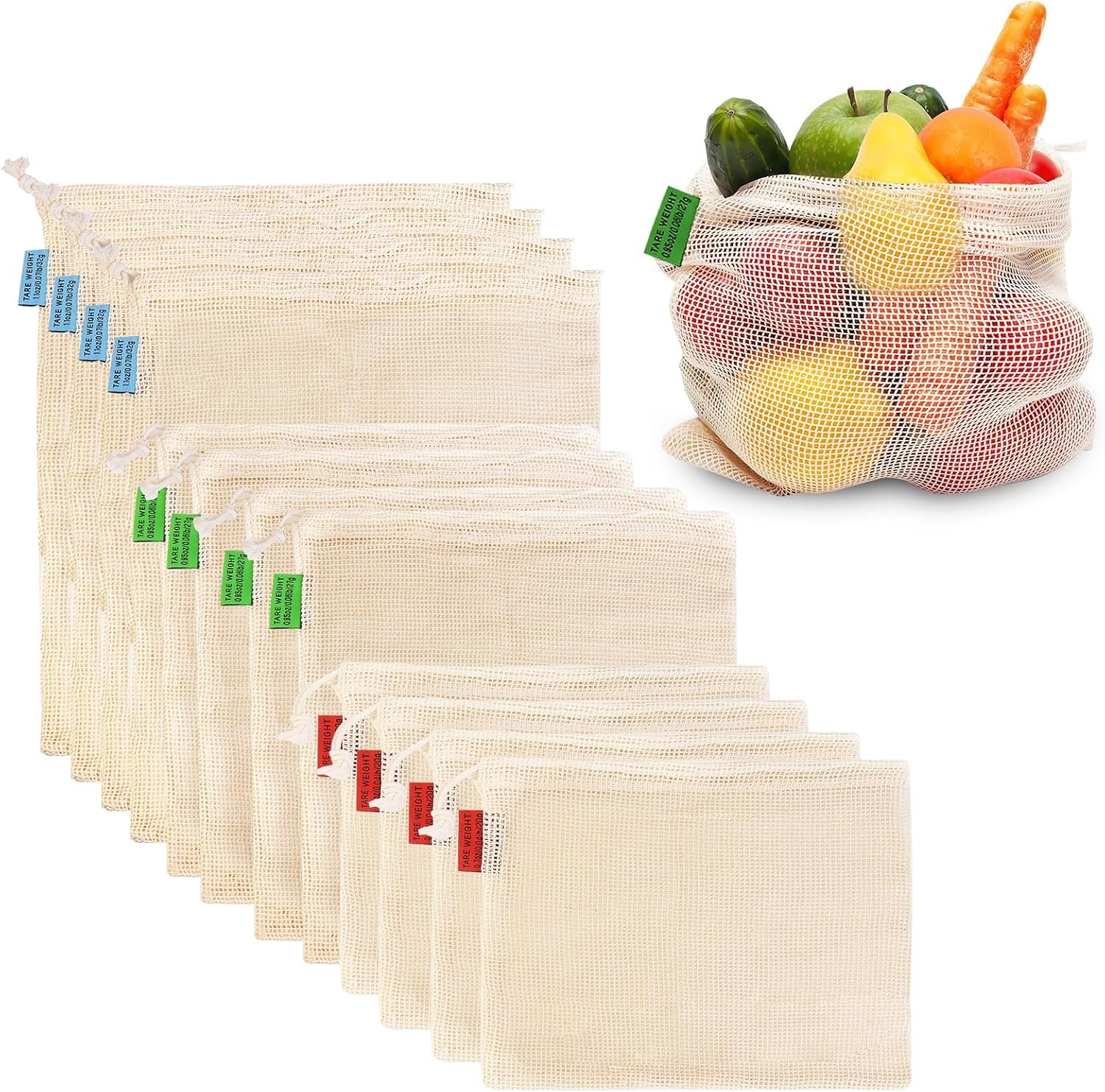 Ycsst 12 Pack Reusable Cotton Mesh Produce Bags – 100% Organic Cotton – Produce Bag – Double-Stitched – With Drawstring Produce Bag For Vegetables,Fruit & Grocery Shopping,4xS, 4xM, 4xL.