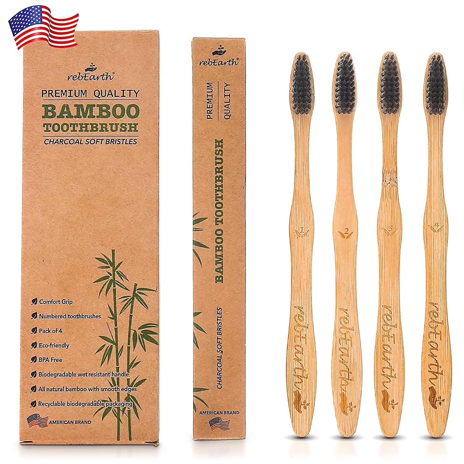 rebEarth Bamboo Toothbrushes 4 Pack – Charcoal Ultra Soft Bristles