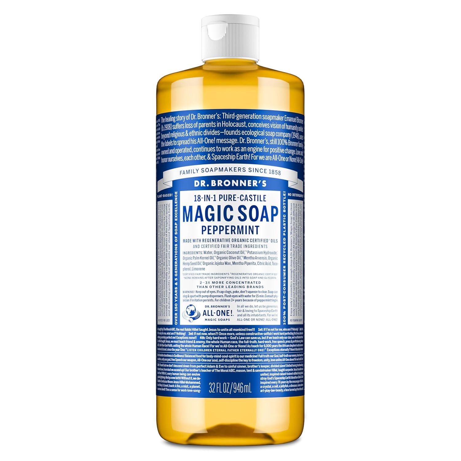 Dr. Bronner’s Peppermint Pure-Castile Liquid Soap, Hand Soap, 32 oz