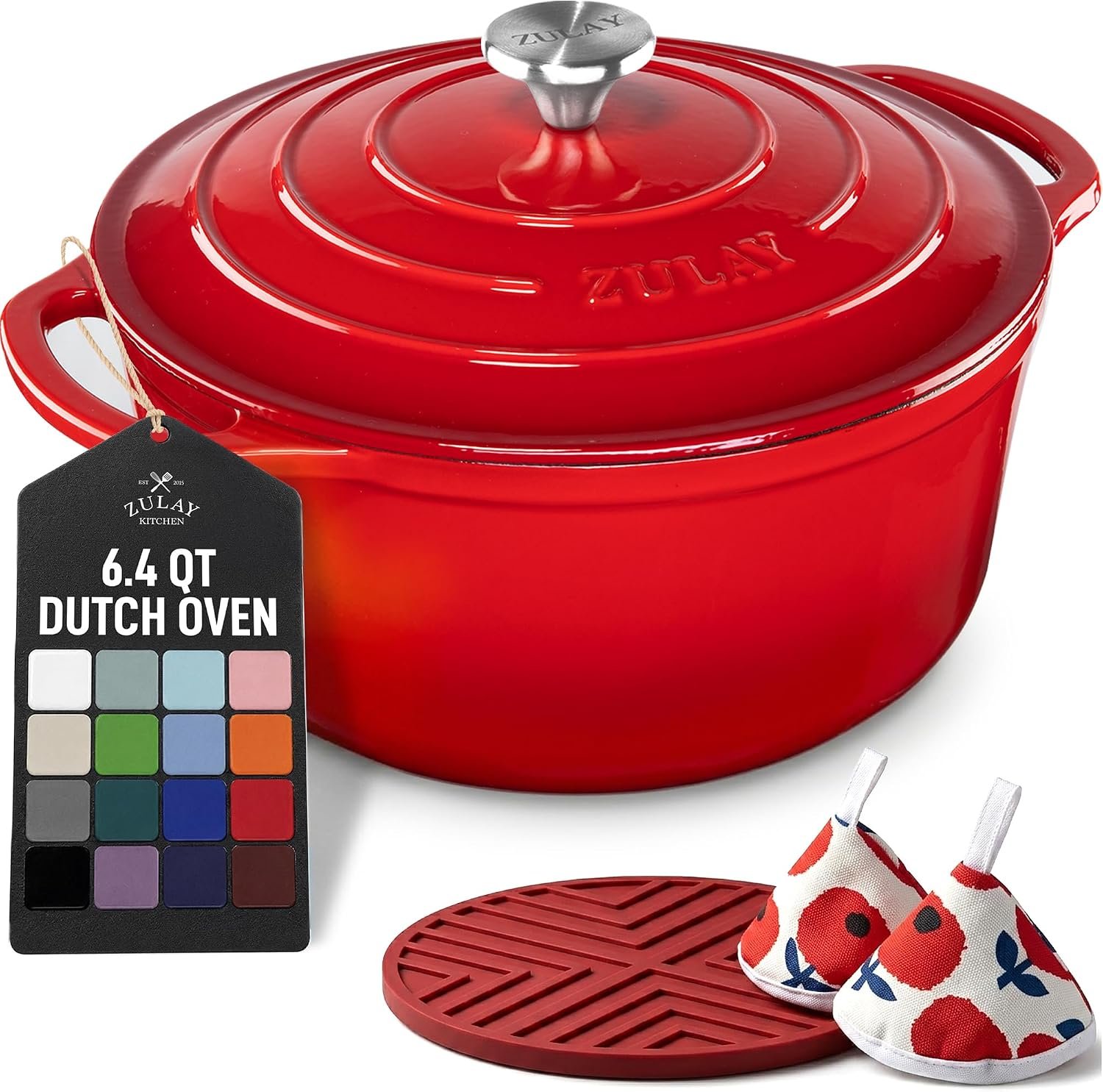 Zulay Kitchen 6.4QT Enameled Cast Iron Dutch Oven Pot with Lid, Heat Pad & Trivet, Heavy-Duty Soup Pot for Stews, Braising, Roasting & Sourdough Bread Baking, Oven Safe up to 500°F – Ablaze Red