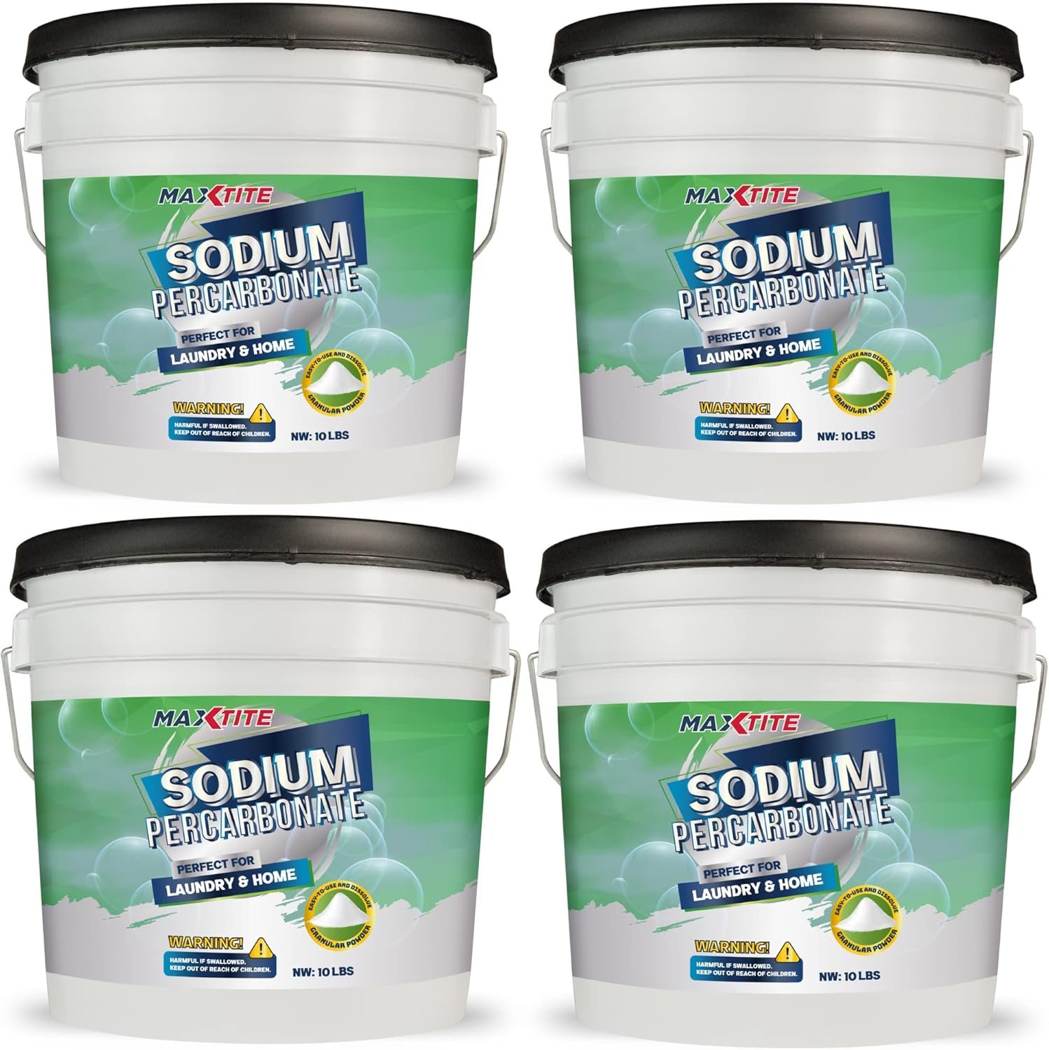 MAXTITE Sodium Percarbonate (40 lbs total, 10 lbs pails 4 Pack) 100% Pure Solid Hydrogen Peroxide/Oxygen Bleach – Multi-Use Cleaner for Home & Laundry- HDPE w/Resealable Child Resistant Cap