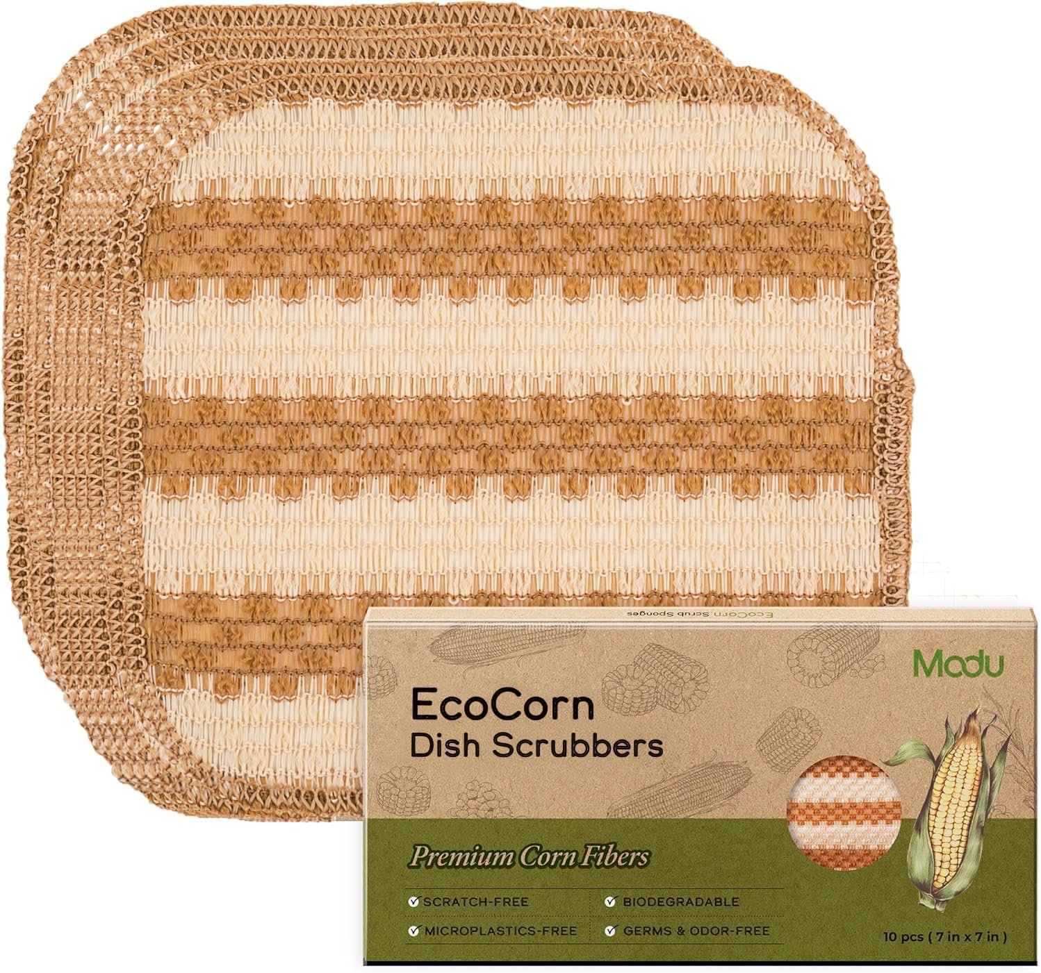 Modu 10 Pcs EcoCorn Dish Sponges Scrubbers – 100% Corn Fiber, Biodegradable Dishwashing Scrub Pads for Multipurpose Household Cleaning, Odor-Free, Plastic-Free Kitchen Mesh Net (Heavy Duty 10 Count)