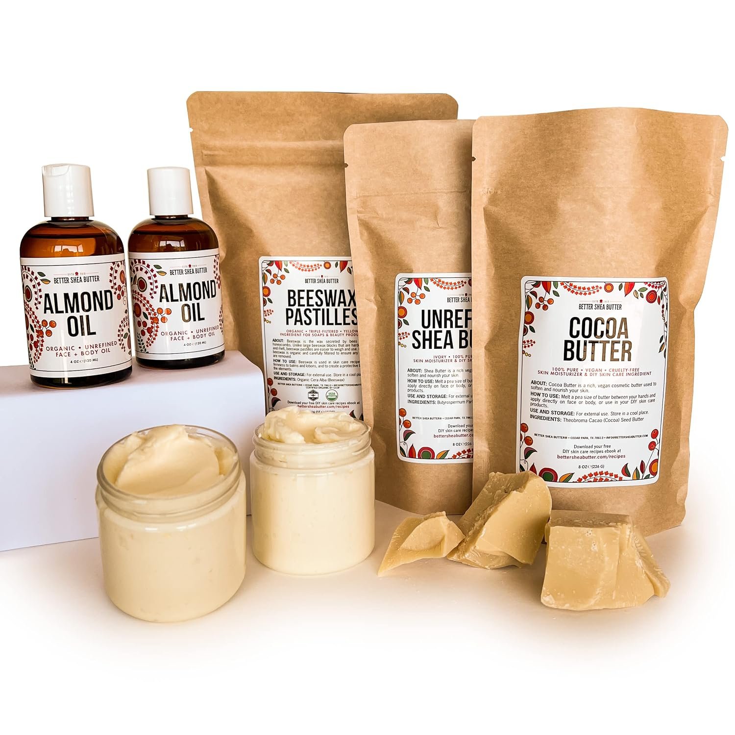 Body Butter Making Kit with Unrefined Shea Butter, Raw Cocoa Butter, Organic Beeswax, Organic Almond Oil, Instructions included – LARGE (Makes about 30 4oz Jars)