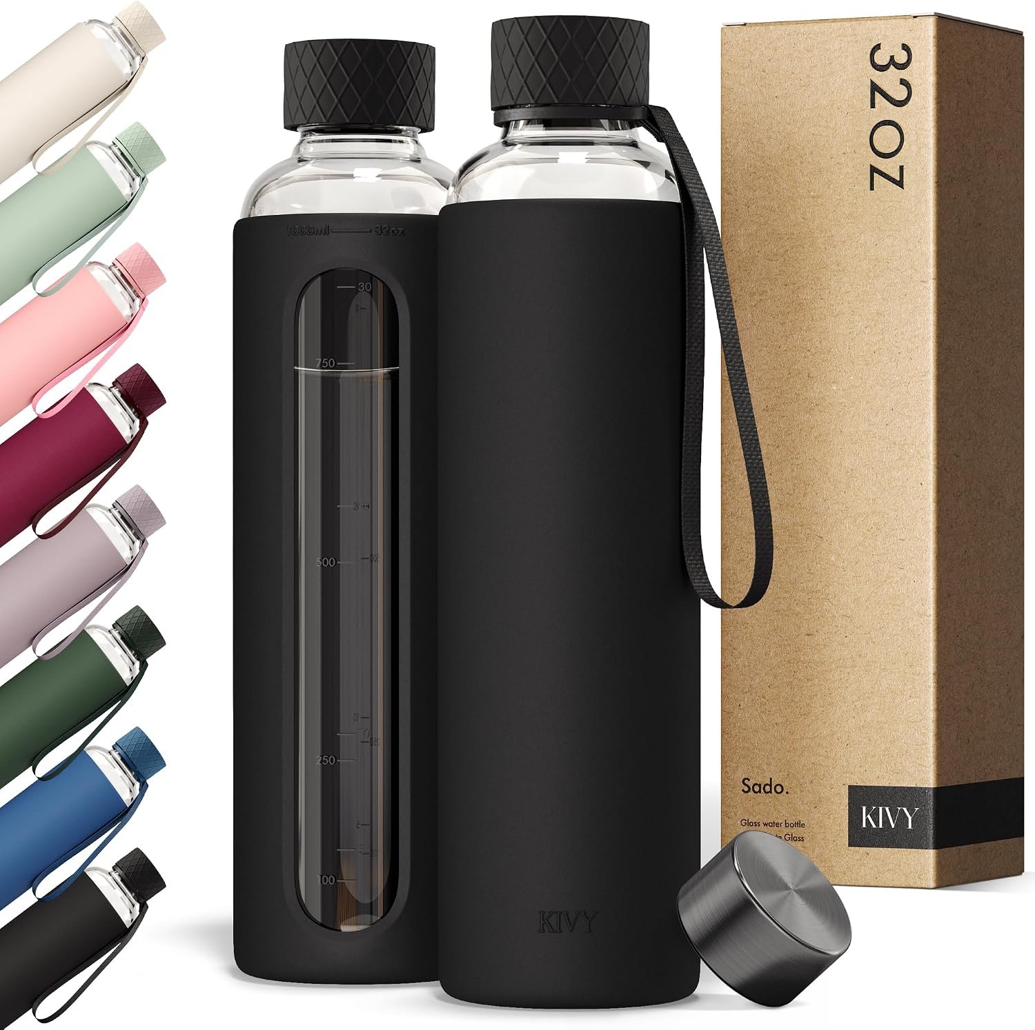 KIVY Glass Water Bottle with Silicone Sleeve 32 oz – with Measurement
