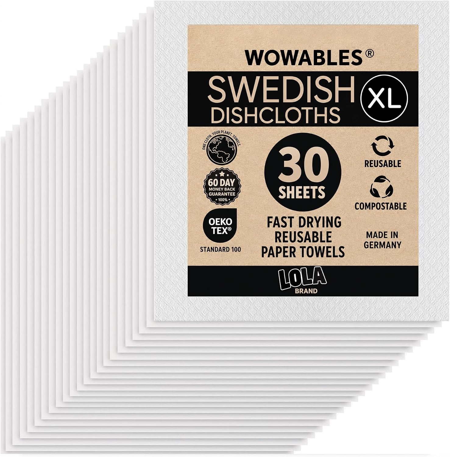Swedish Dishcloths for Kitchen XL, 30 Sheet Roll, Biodegradable & Compostable, Reusable Paper Towel Cleaning Cloths, 11″ x 10″, No Odor, Washing Dishes, Ultra Absorbent Cellulose Sponge Towel, By LOLA