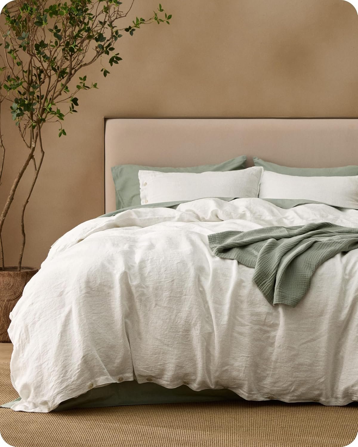 Bedsure PureWoven European Flax Linen Duvet Cover Set, Queen, White