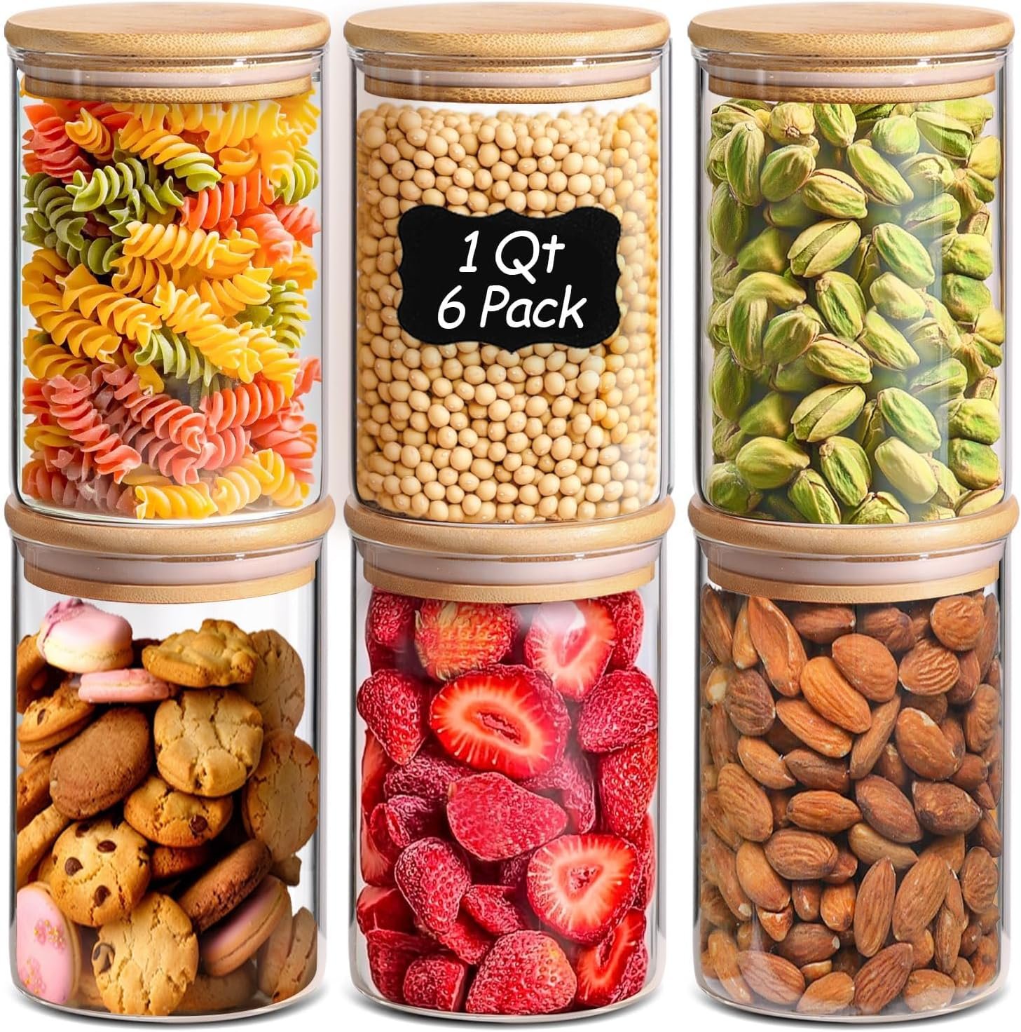 ComSaf Glass Storage Containers with Lids 1 Qt, Set of 6 Food Storage Jars