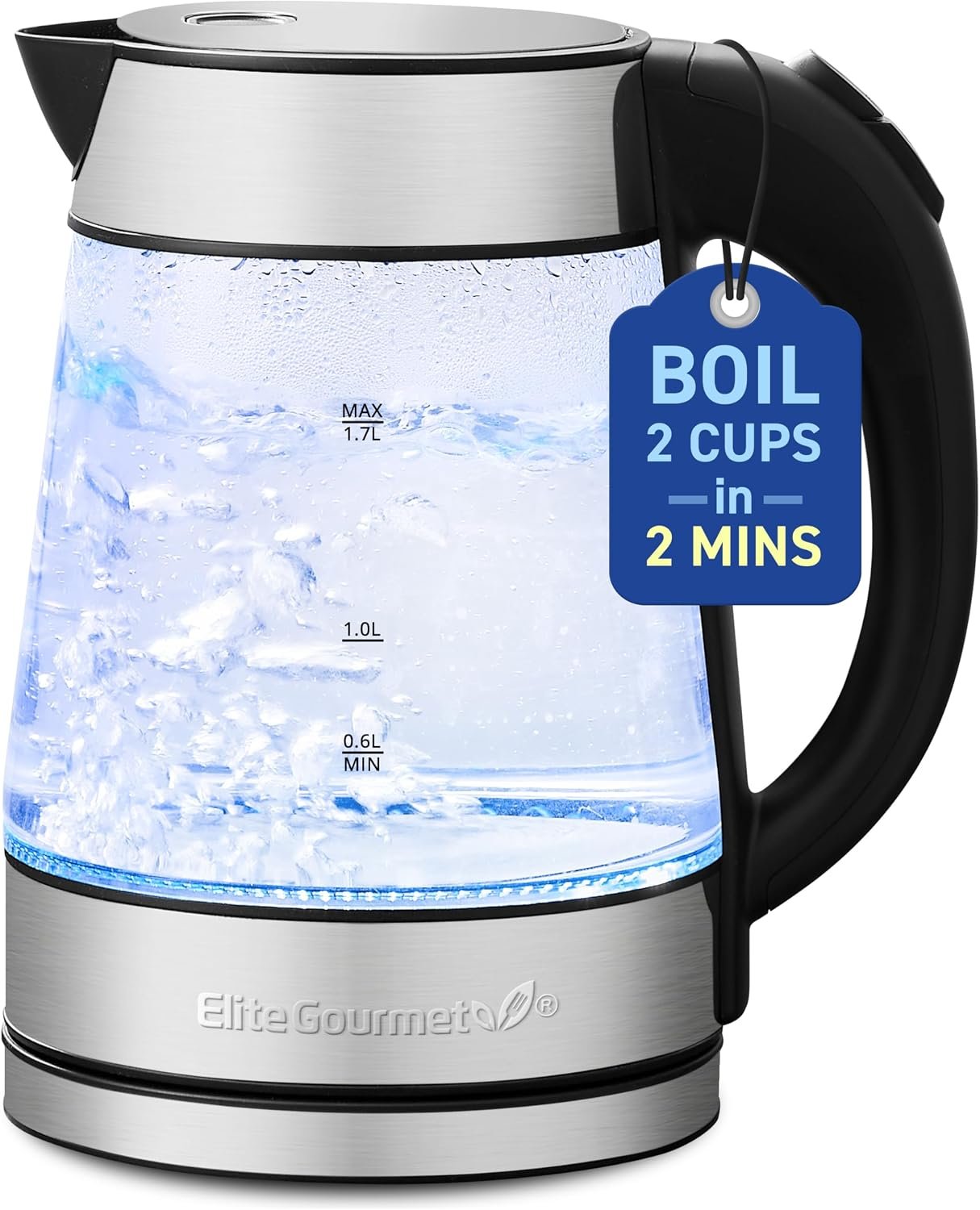 Elite Gourmet EKT-602 BPA-Free Electric Glass Kettle, Cordless 360° Base
