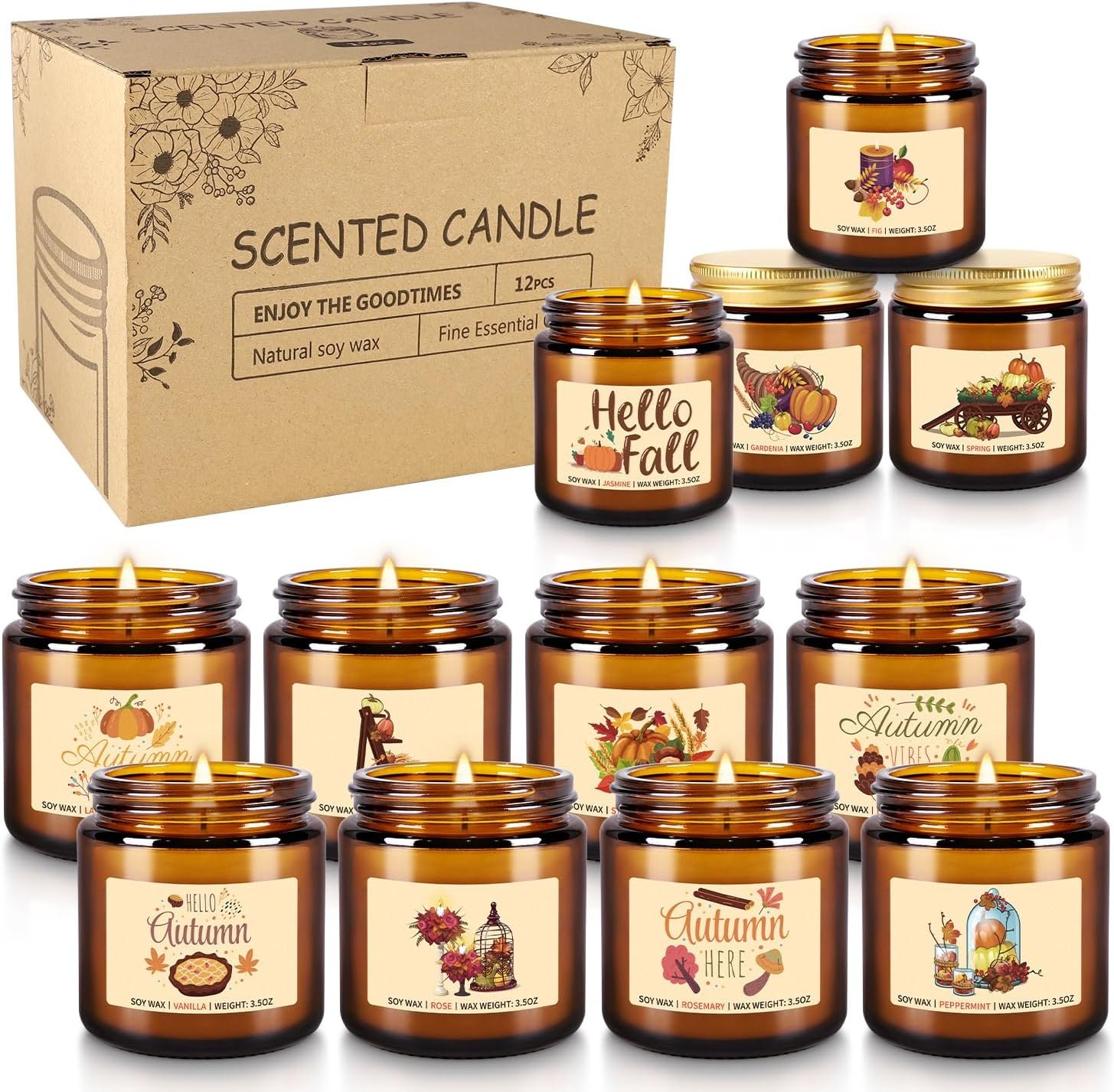 Autumn Harvest Scented Candles Gift Set – 12 Pack Fall Soy Wax Candles with Essential Oils, 3.5oz Amber Jar Candles for Home Decor, Thanksgiving & Halloween Gifts