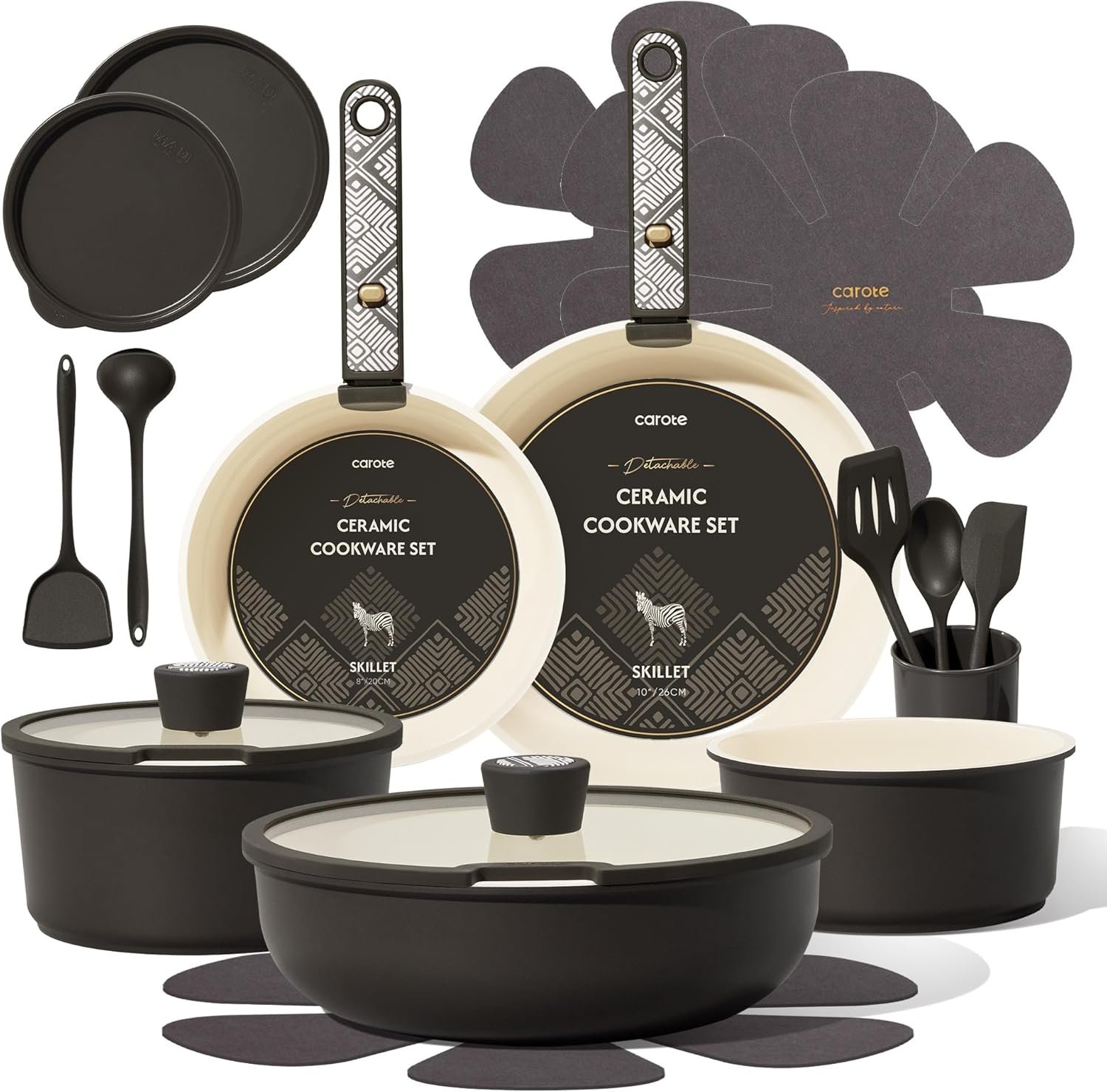 CAROTE 21pcs Ceramic Cookware Set, Pots and Pans Set with Detachable Handle