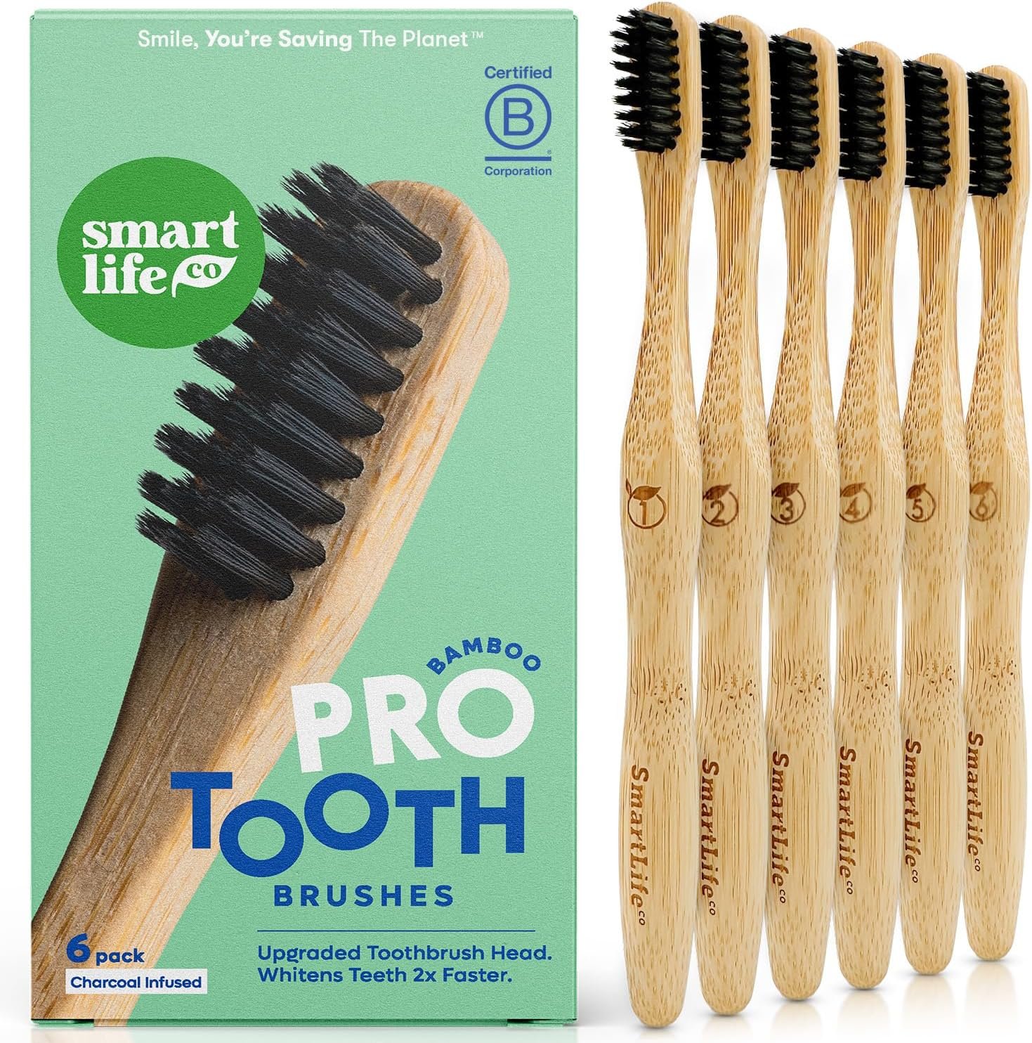 SmartLifeco Charcoal Bamboo Toothbrushes PRO – Extra Soft Natural Bristles for Adults & Kids Teeth | Zero Waste Bulk Wooden Tooth Brush | BPA Free, Eco-Friendly, Vegan – 6 Pack