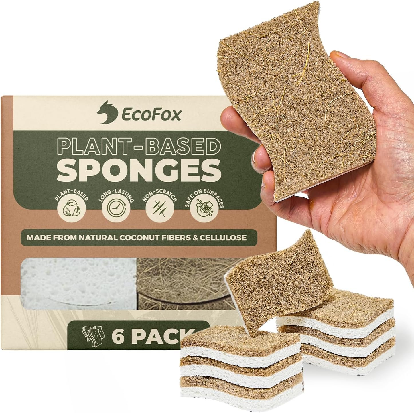 Plant-Based Kitchen Sponges (6 Pack) | USDA Biobased Certified | FSC & PETA Approved | Natural Cellulose & Coconut Scrubber Sponge | S-Shaped Design | Eco-Friendly, Non-Scratch, Non-Toxic & Vegan