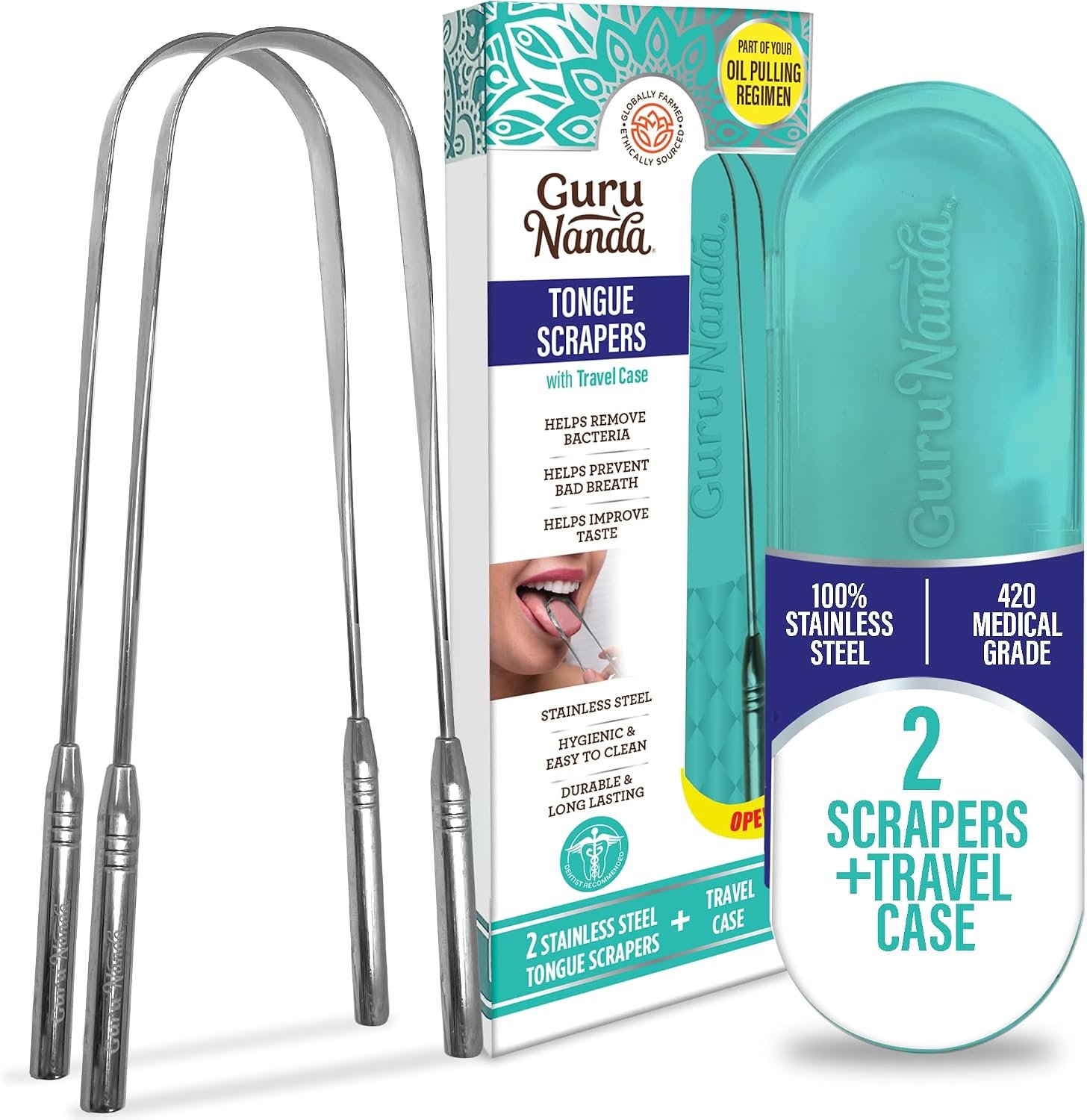GuruNanda Tongue Scraper for Adults (2 Pack) with Travel Case, 420 Medical-grade 100% Stainless Steel Tongue Cleaner, Aids in Fresh Breath & Oral Care
