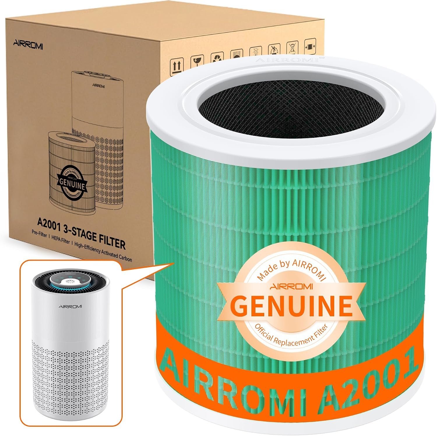 AIRROMI A2001 HEPA Air Purifier Replacement, 3-In-1 Original Filter, Removes 99.97% of 0.3 Micron Particles, Green Activated Carbon Filter – Toxin Absorber Specialty-1 Pack