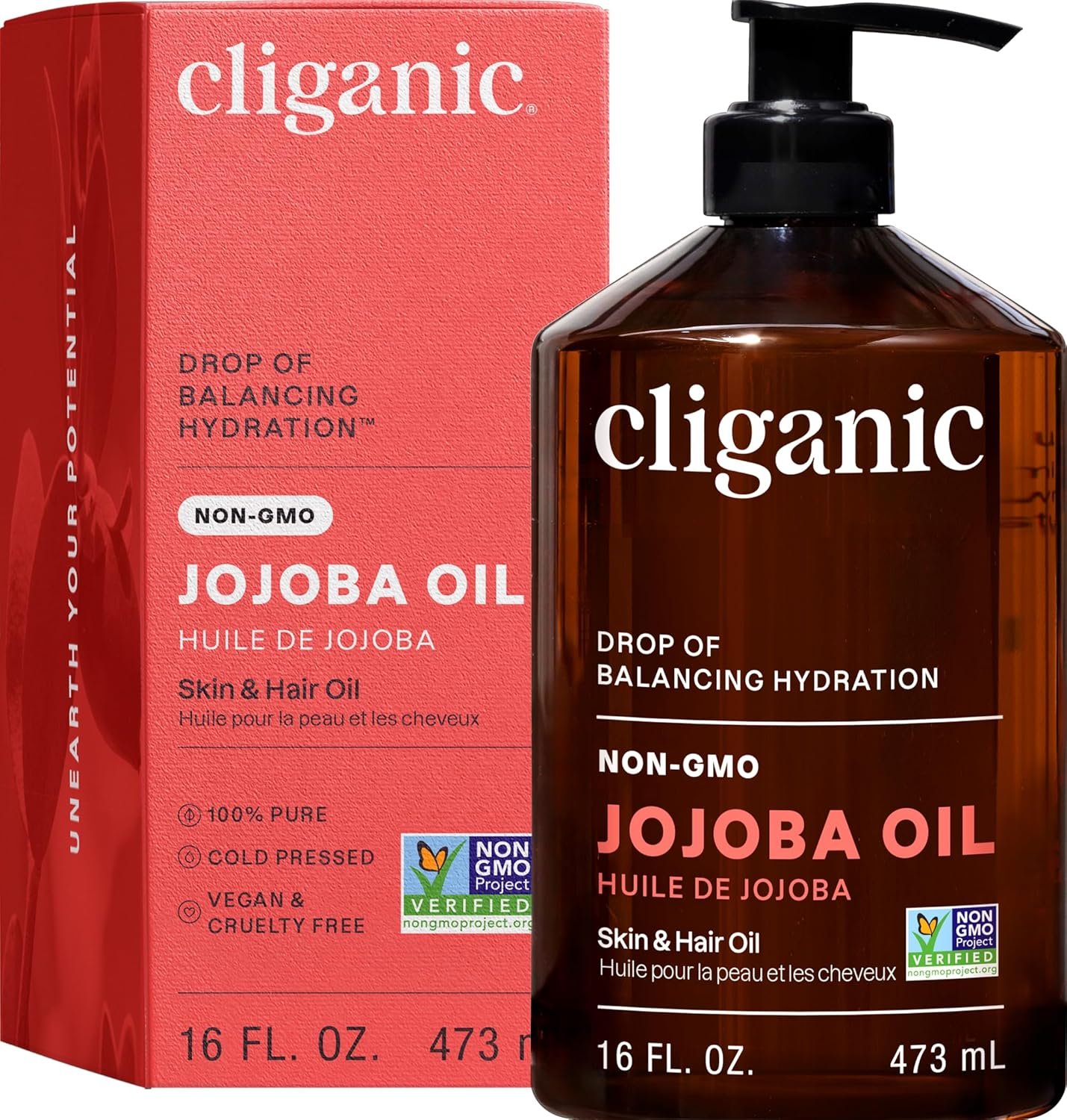 Cliganic Jojoba Oil ,100%, Non-GMO, Cold Pressed for Face, Hair & Skin 16oz