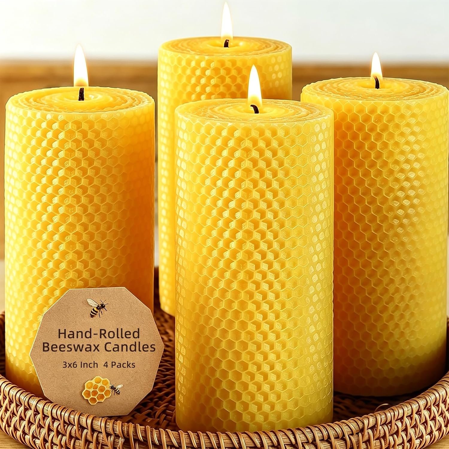 Beeswax Candles Pillar 3×6 Inch 4 Pack, Honeycomb Decor