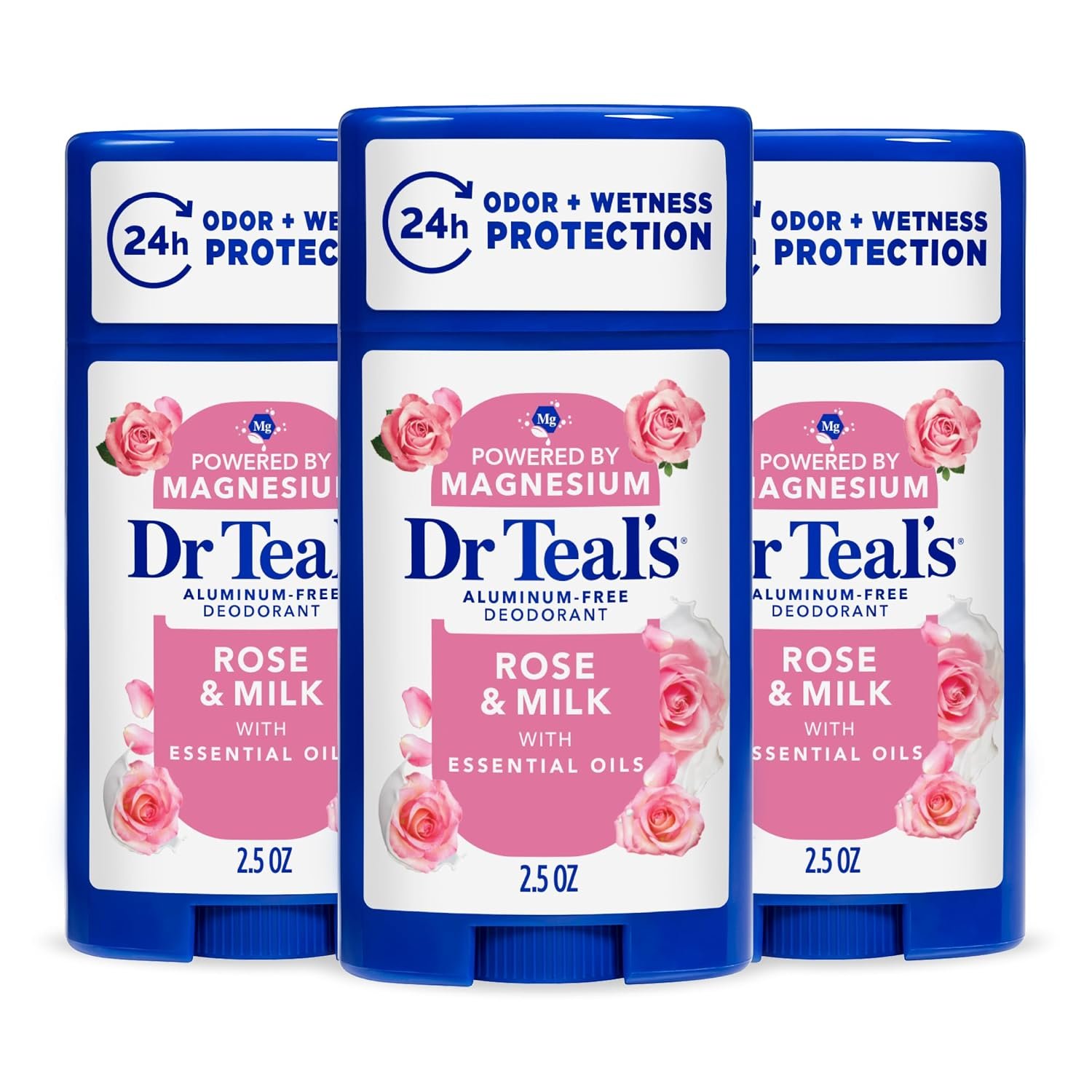 Dr Teal’s Aluminum-Free Deodorant, Rose & Milk with Essential Oils, 2.5 oz (Pack of 3)