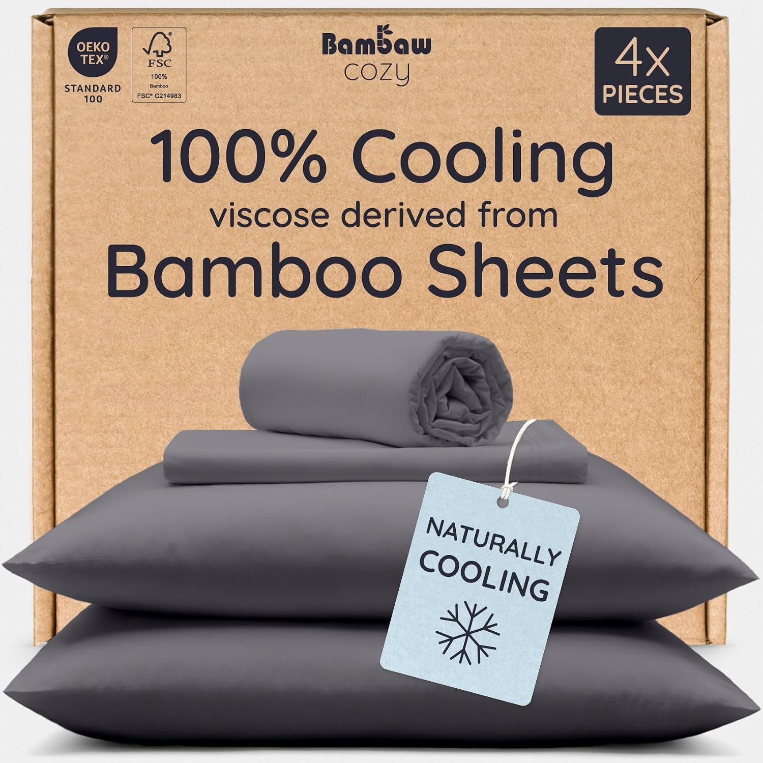 Bambaw 100% Viscose Derived from Bamboo Sheets Queen Size Set – 4pcs Cooling Sheet Set, Super Soft Sheets Queen Size, Luxury Bed Sheets, Deep Pocket Fits Up to 16” Mattresses (Charcoal)