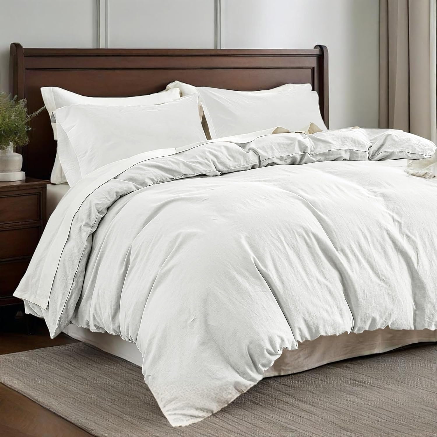 QKTE French Linen Duvet Cover Set, 3 PCS Natural French Flax White Duvet Cover King Size, Breathable Soft Comfy Linen Bedding Comforter Cover with 2 Pillowcases(White, 104″ x 92″)