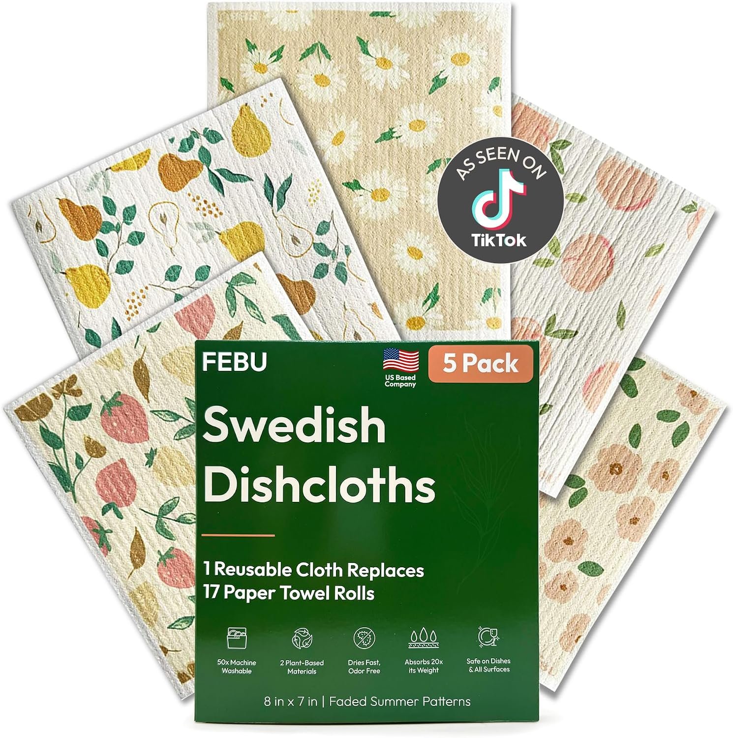 FEBU Swedish Dishcloths for Kitchen, 5 Pack, Faded Summer